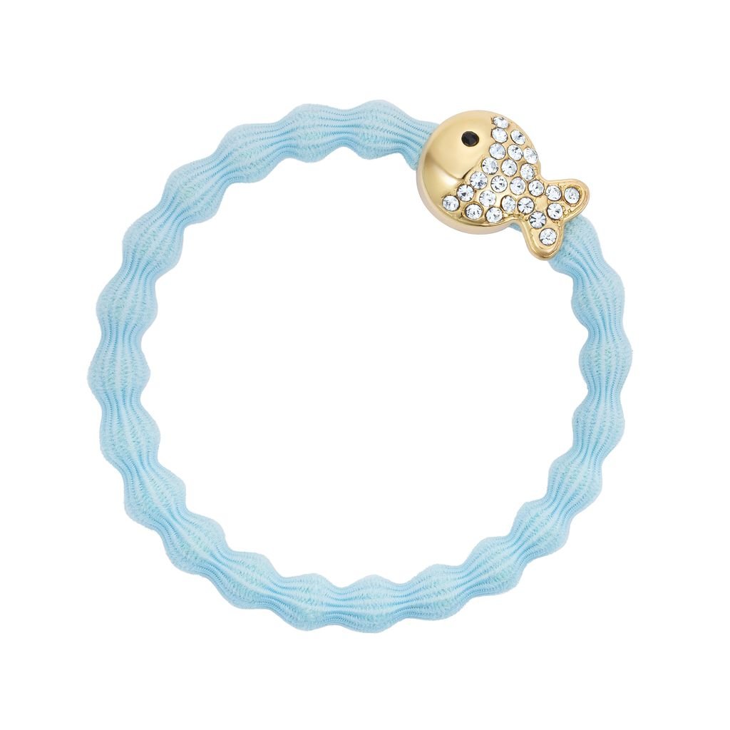 Eloise Light blue hair tie with a gold fish charm on a white background