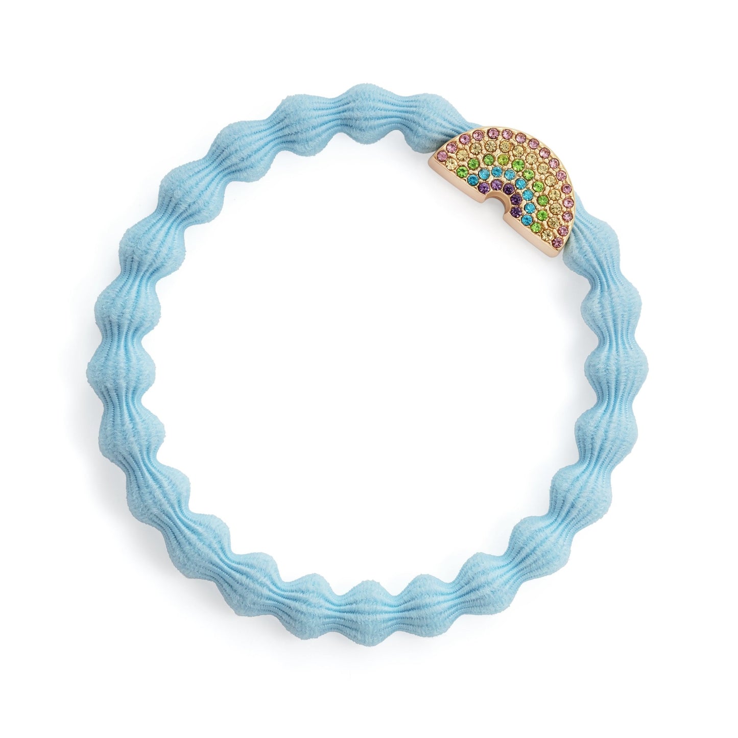 Soft blue bubble hairband featuring a gold rainbow charm with colourful diamanté stones