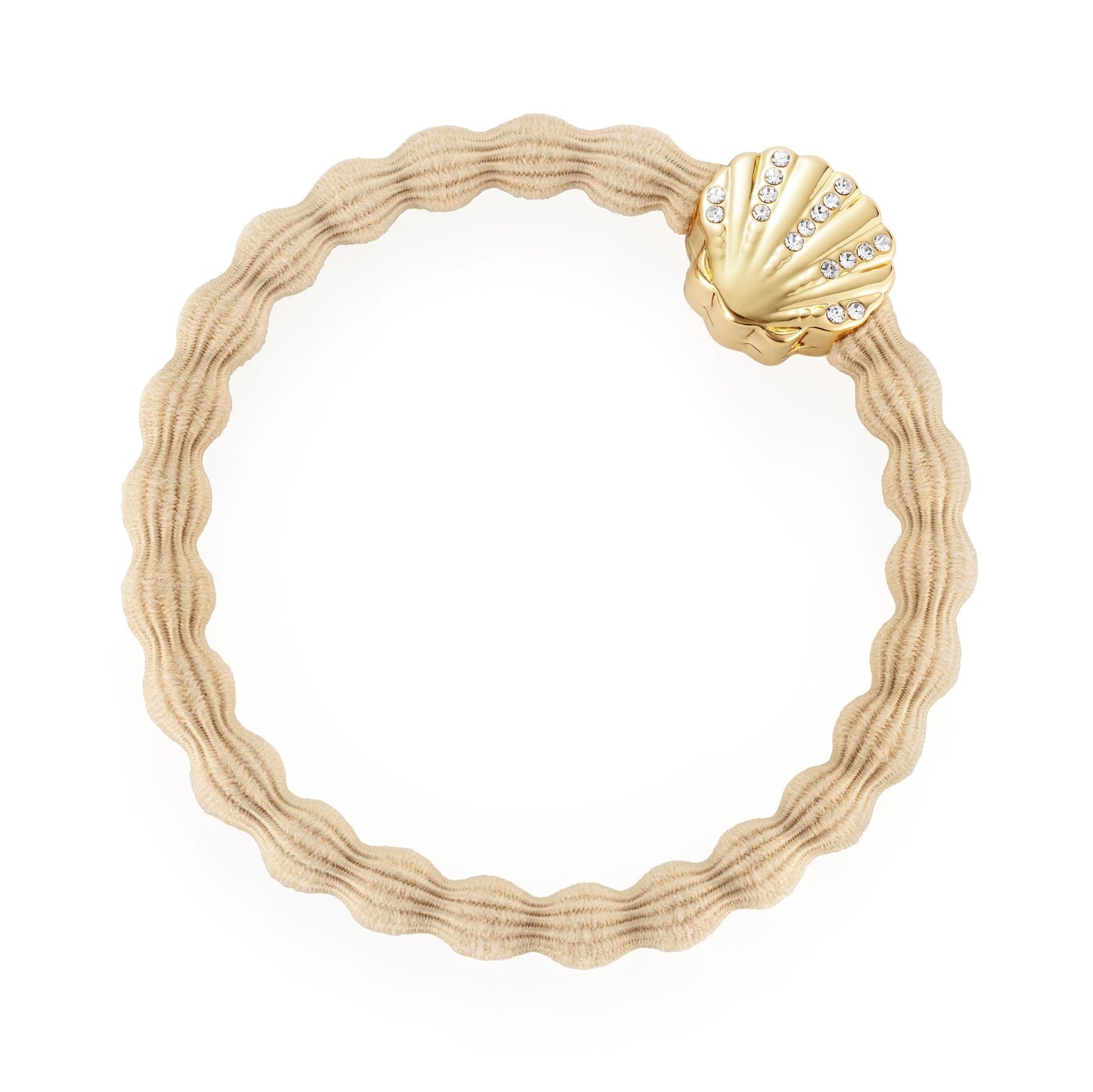Gold Seashell charm bubble hairband with diamanté detail on a soft beige band.