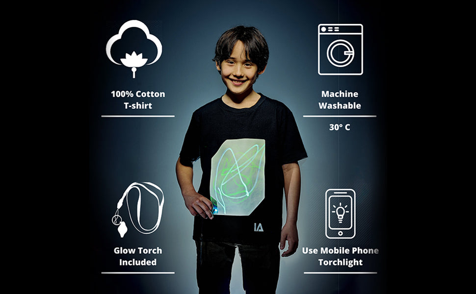 Illuminated apparel - glow in the dark interactive t-shirt dinosaur design