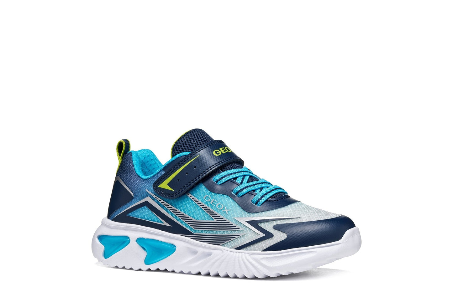 Geox Assister boys’ trainer in Dark Royal and Dark Sky with light‑up sole, elastic laces, Velcro strap and breathable mesh upper.