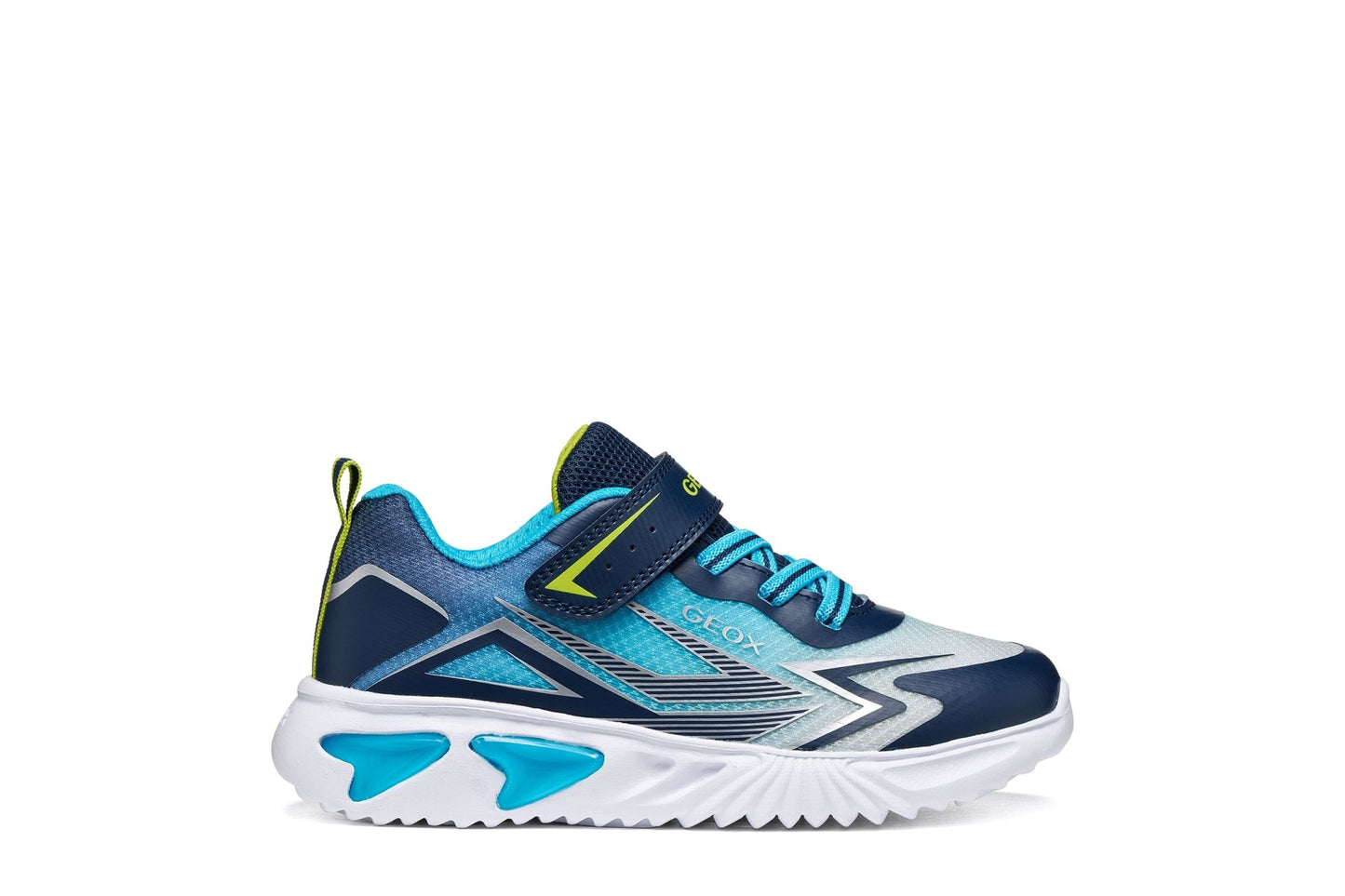 Geox Assister boys’ trainer in Dark Royal and Dark Sky with light‑up sole, elastic laces, Velcro strap and breathable mesh upper.