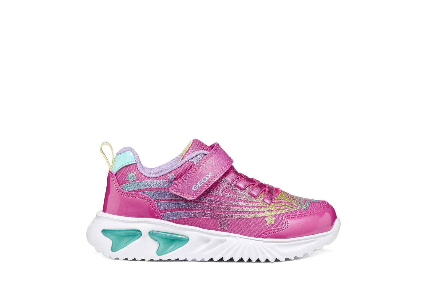 Pink Geox Assister girl trainer with metallic rainbow star details, elastic laces, Velcro strap and light‑up sole.