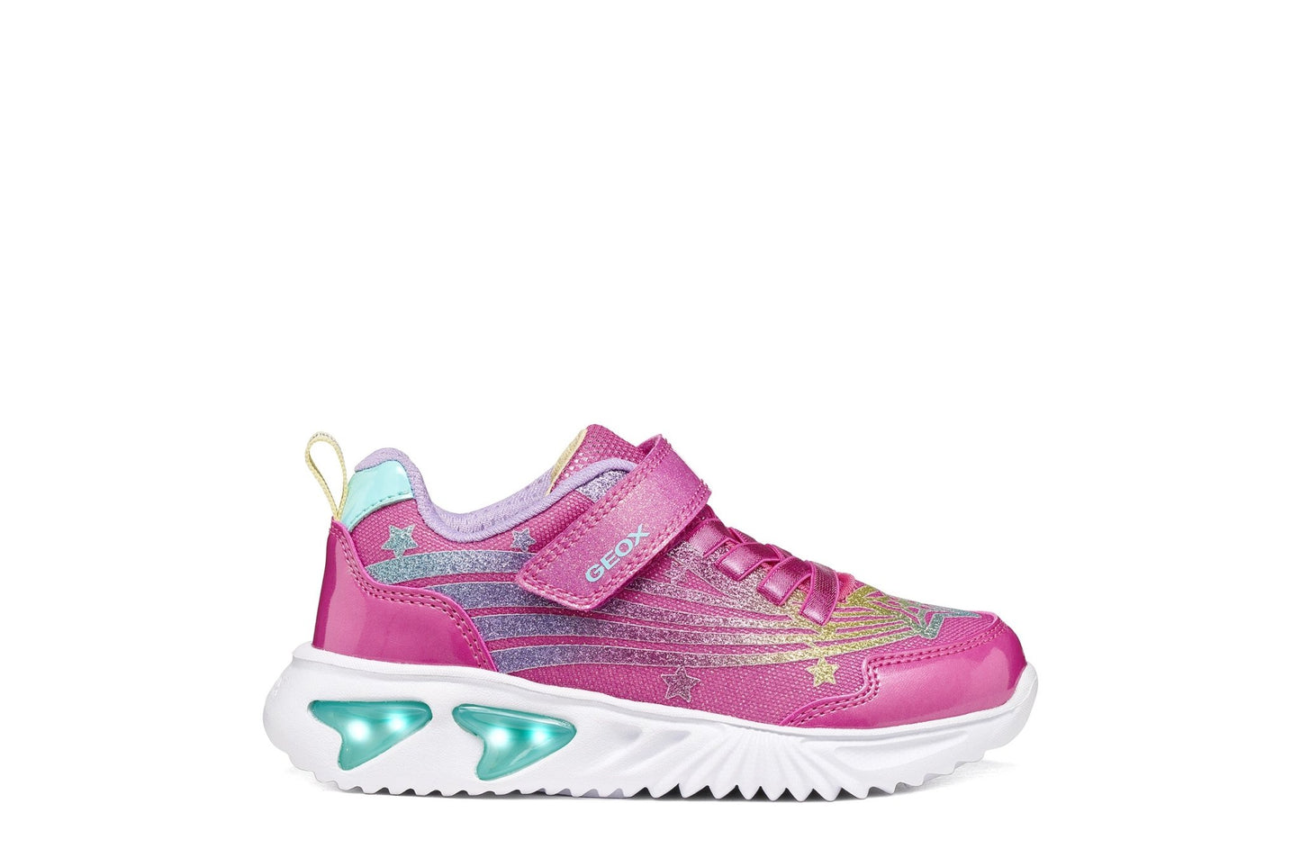 Pink Geox Assister girl trainer with metallic rainbow star details, elastic laces, Velcro strap and light‑up sole.