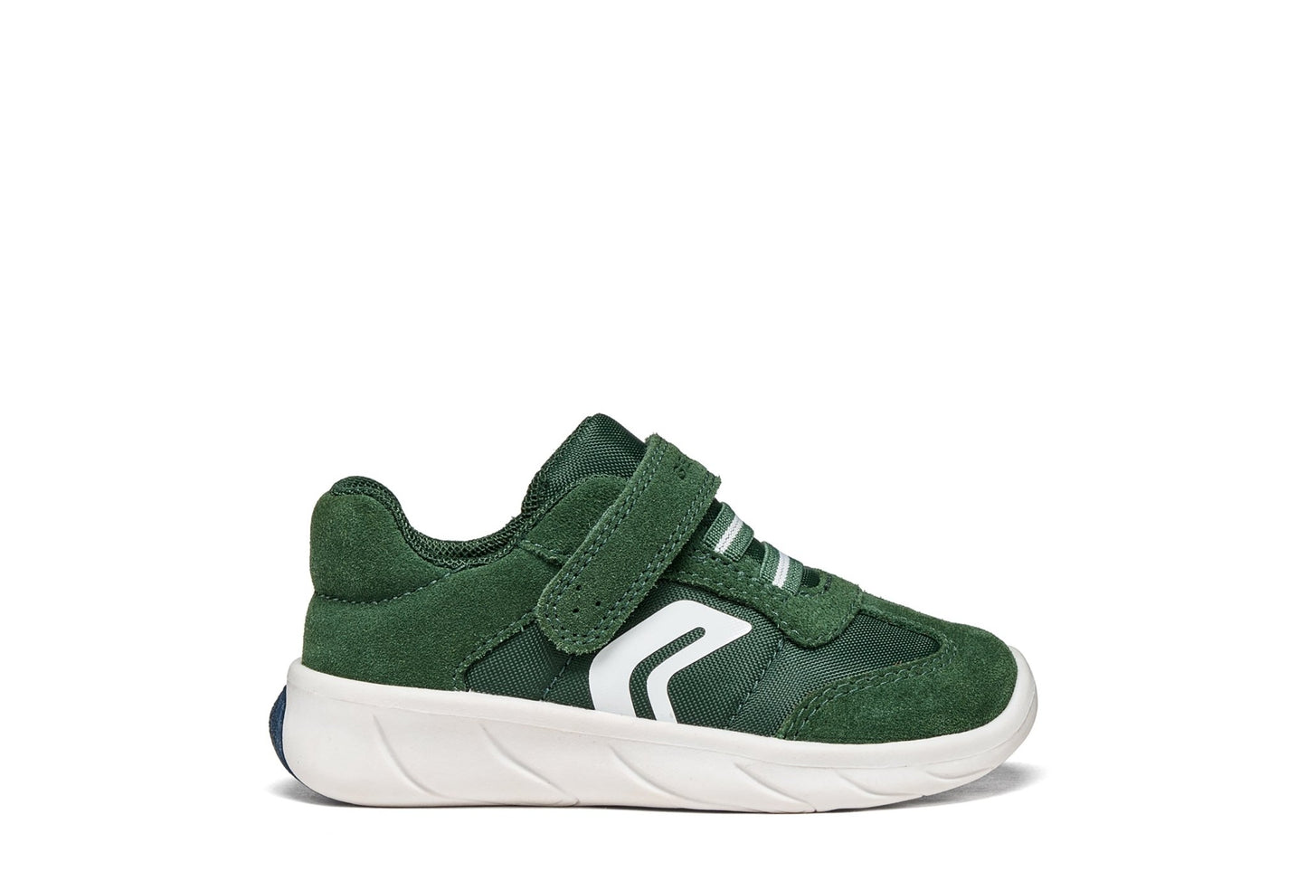 Forest green and white Geox Foot Run baby barefoot trainer with mesh-and-suede upper, elastic laces, Velcro strap, and flexible natural-motion sole.