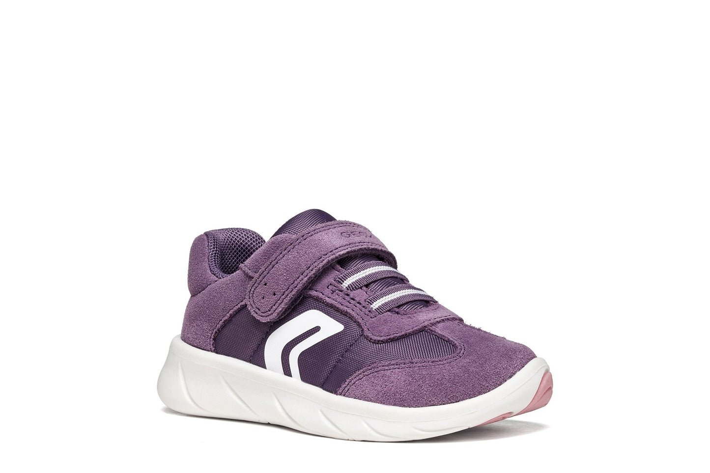 Light Violet and white Geox Foot Run baby barefoot trainer with mesh-and-suede upper, elastic laces, Velcro strap, and flexible natural-motion sole.