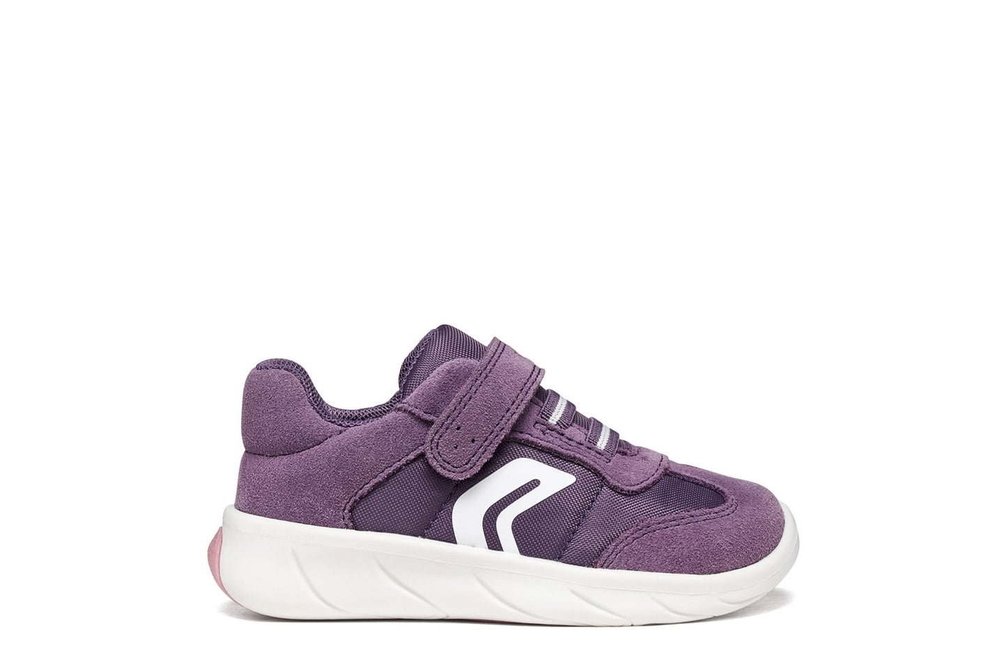 Light Violet and white Geox Foot Run baby barefoot trainer with mesh-and-suede upper, elastic laces, Velcro strap, and flexible natural-motion sole.