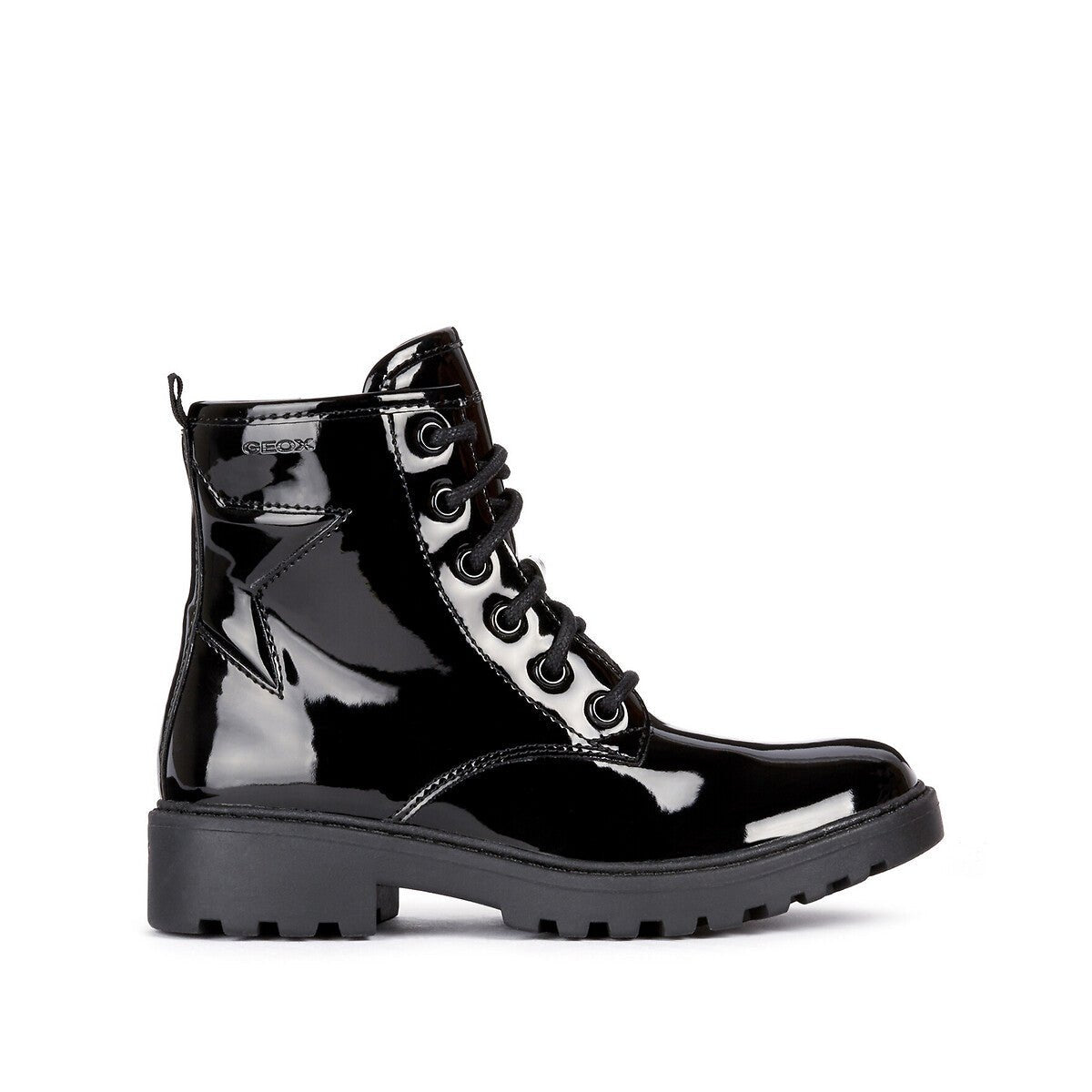 J Casey patent boot combat style with chunky sole, lace and zip fastening and star stich detail on the heel