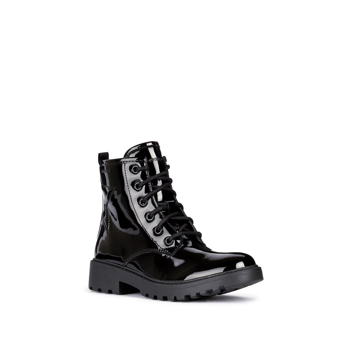 J Casey patent boot combat style with chunky sole, lace and zip fastening and star stich detail on the heel