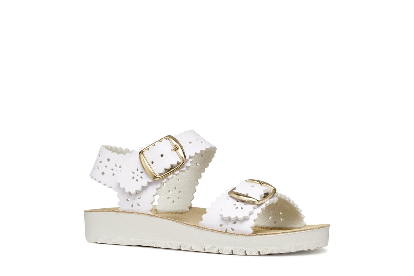 White Geox girl’s sandal with floral cut‑outs, gold buckle detail, and Velcro closure.