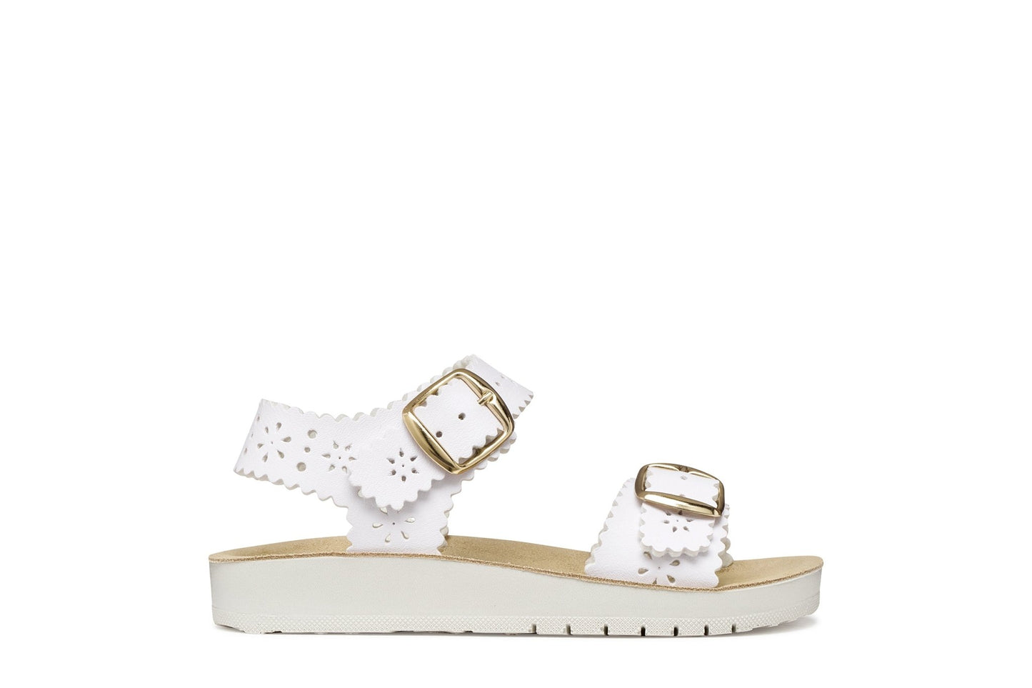 White Geox girl’s sandal with floral cut‑outs, gold buckle detail, and Velcro closure.