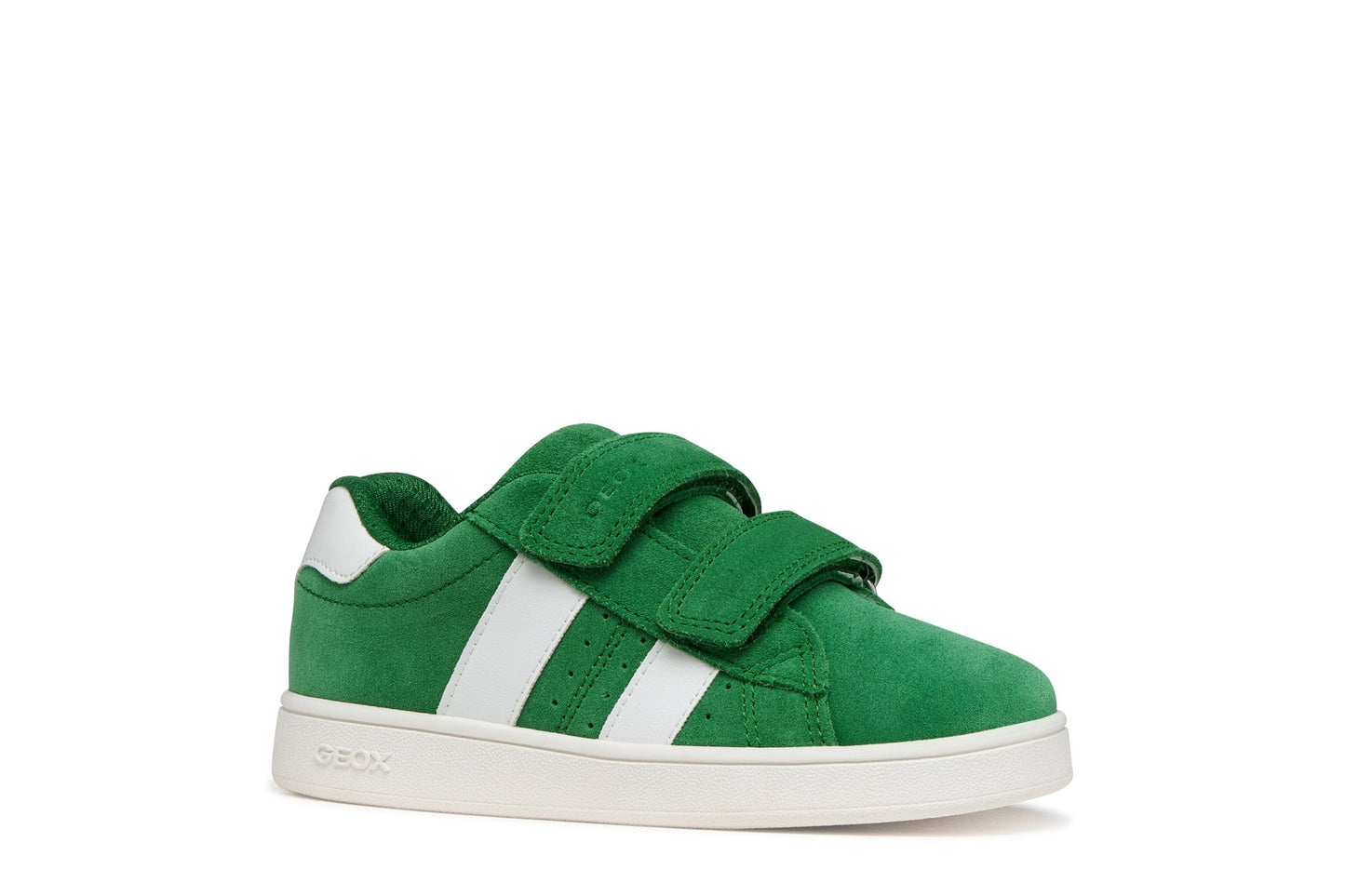 Green Geox junior tennis‑inspired sneakers with white details, double‑strap fastening, and suede/leather‑effect upper.