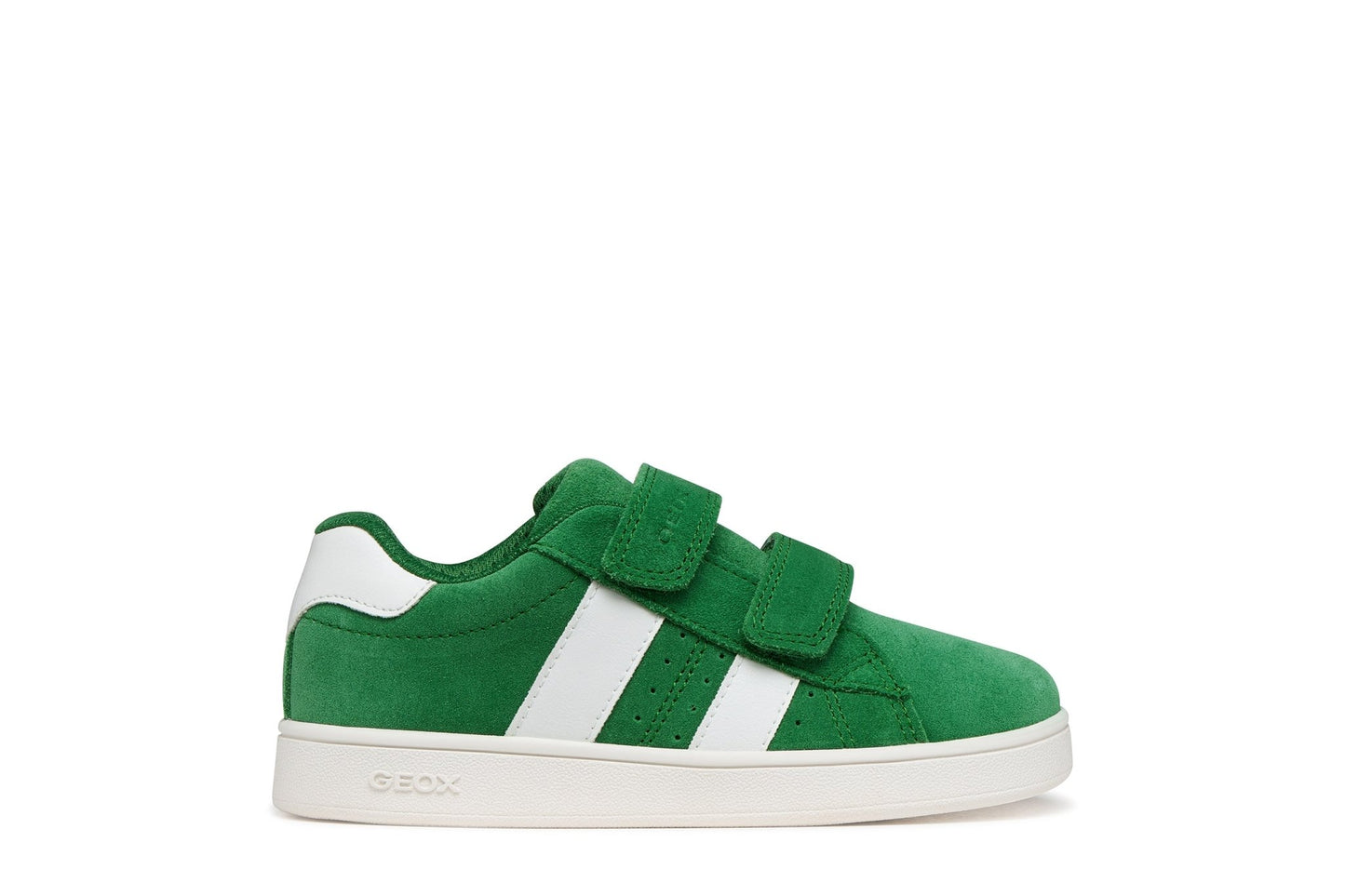 Green Geox junior tennis‑inspired sneakers with white details, double‑strap fastening, and suede/leather‑effect upper.