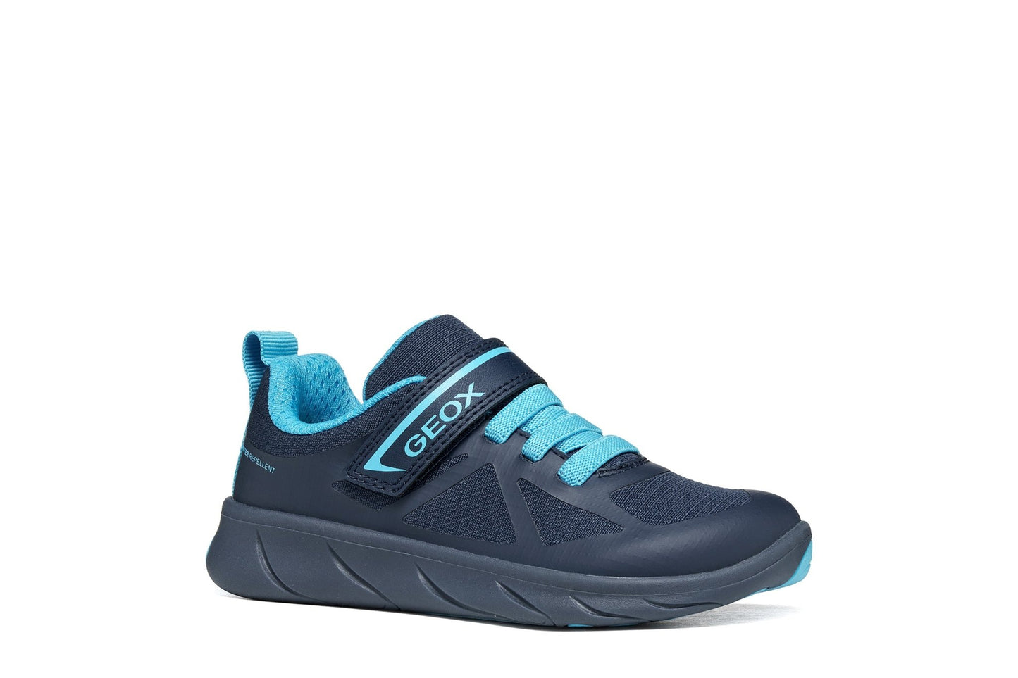 Navy and azure Geox Foot Run kids trainer with Velcro strap, elastic laces, breathable mesh upper and water‑repellent finish.