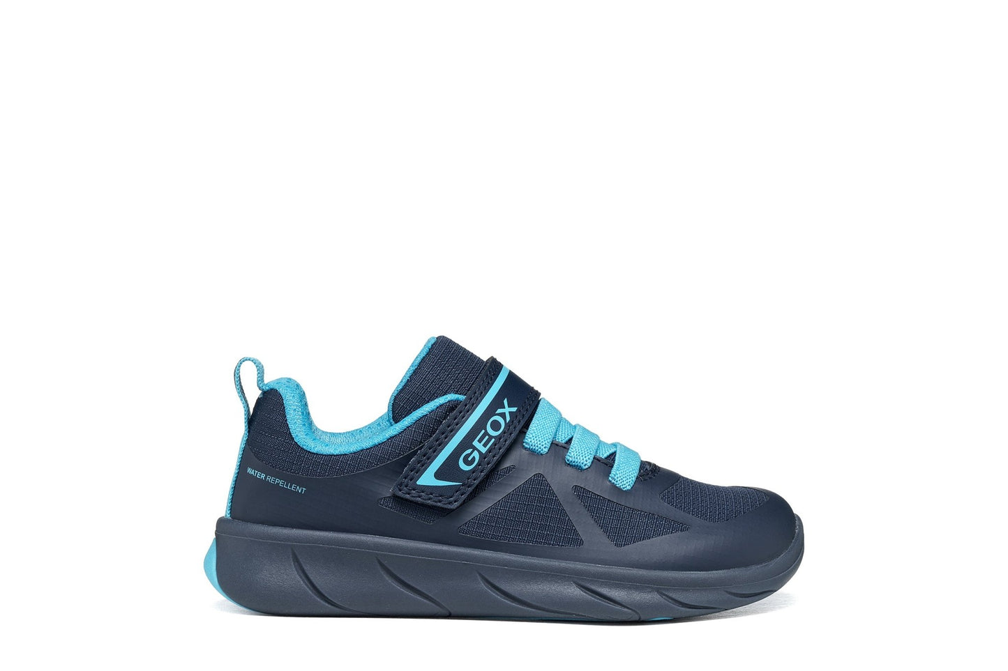 Navy and azure Geox Foot Run kids trainer with Velcro strap, elastic laces, breathable mesh upper and water‑repellent finish.