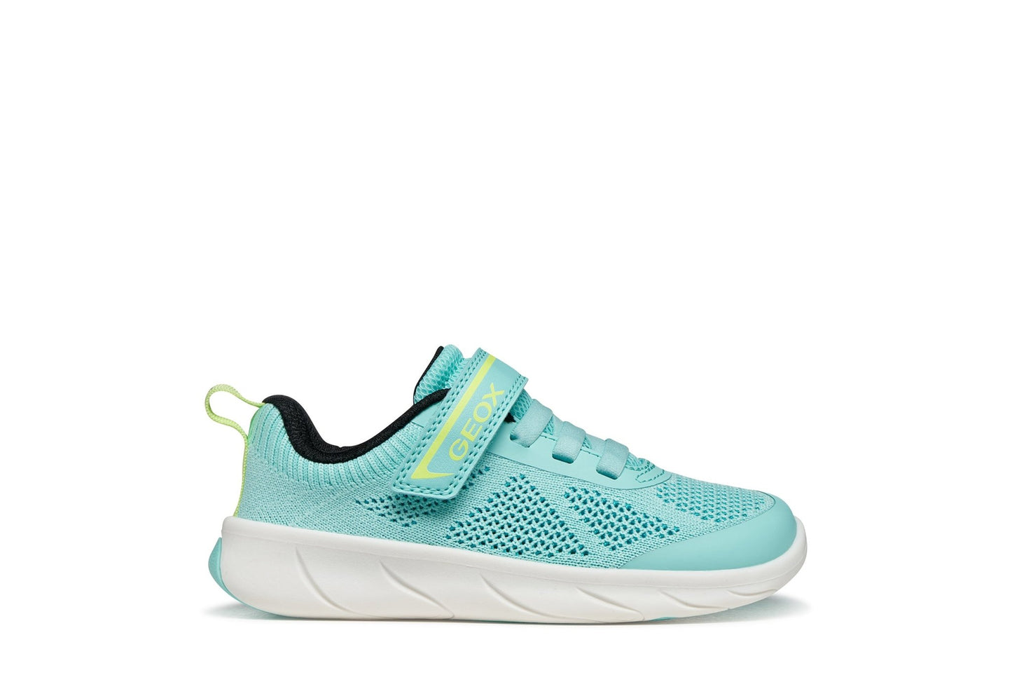 Aqua blue girls’ Geox Foot‑Run barefoot sneakers with wide toe box, knitted upper, and acid‑green details.