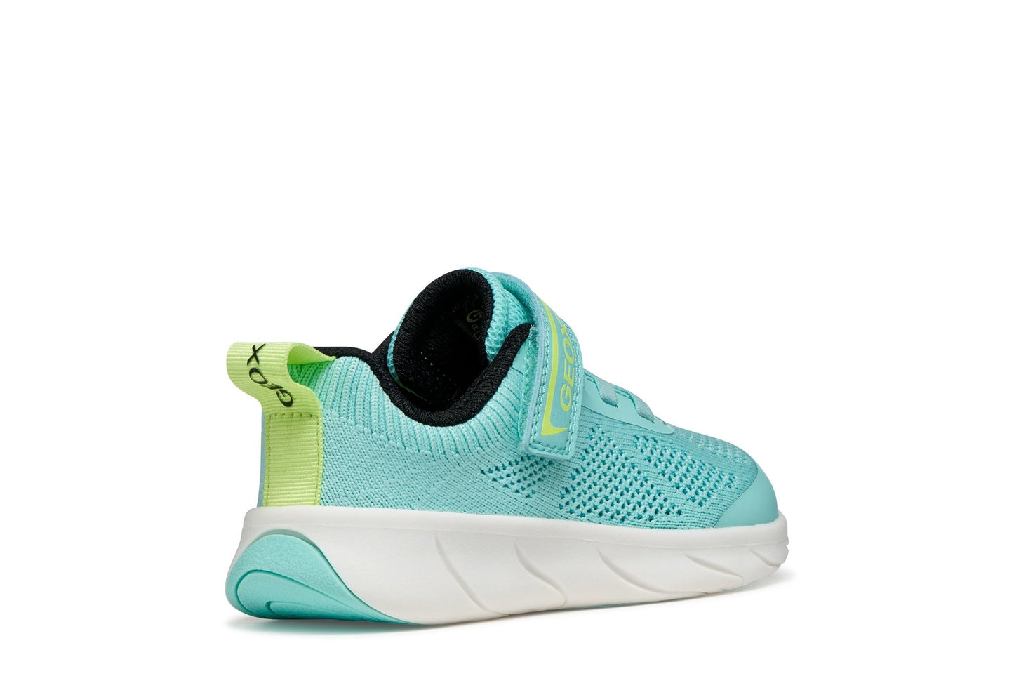 Aqua blue girls’ Geox Foot‑Run barefoot sneakers with wide toe box, knitted upper, and acid‑green details.