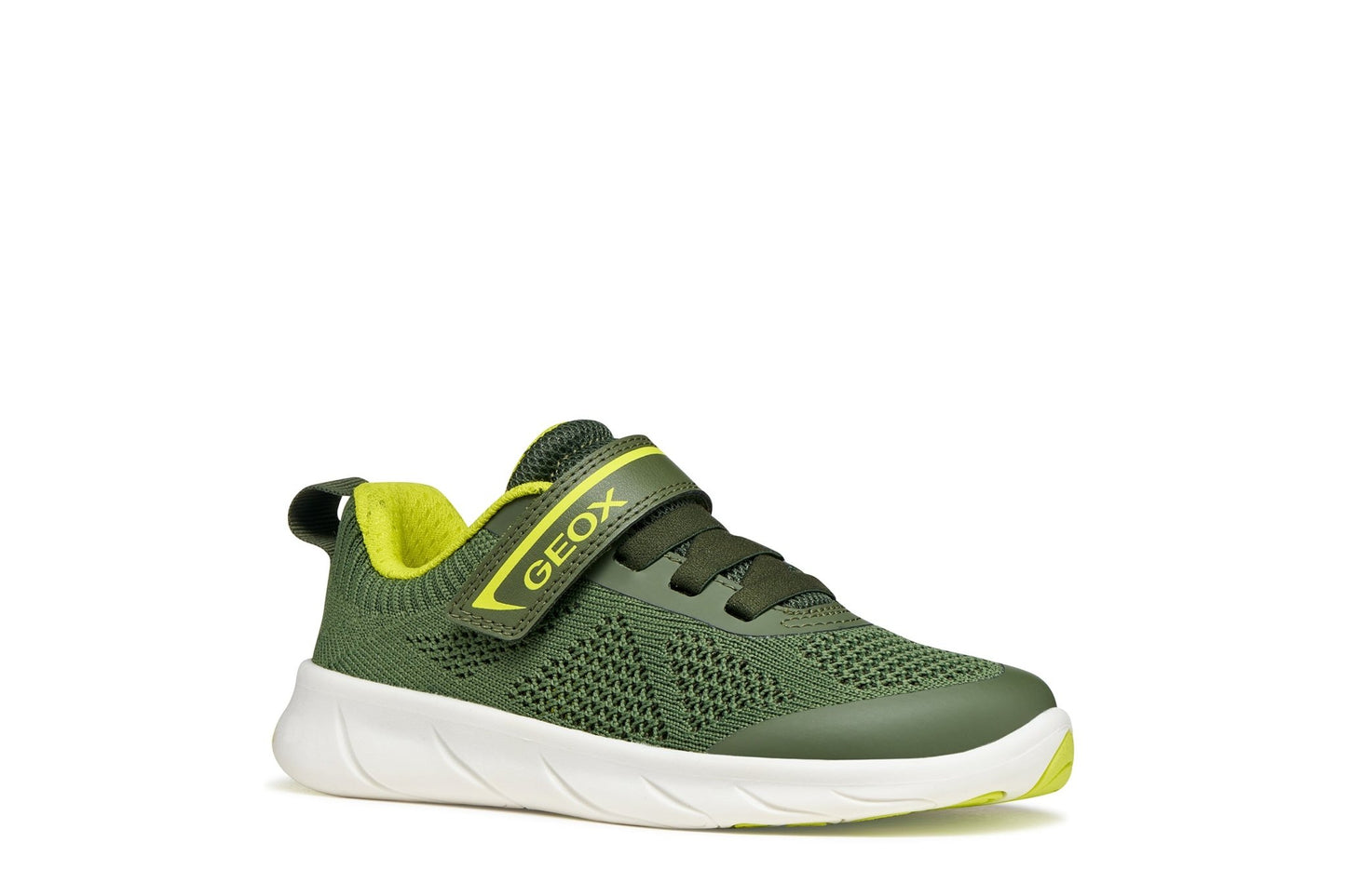 Military‑green Geox Foot‑Run boys’ barefoot sneakers with wide toe box, knitted upper, and lime details.