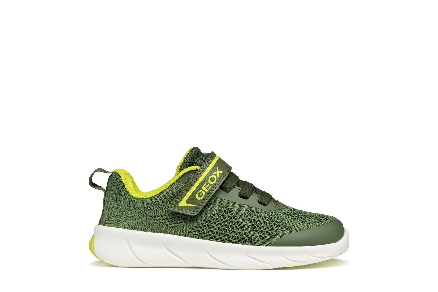 Military‑green Geox Foot‑Run boys’ barefoot sneakers with wide toe box, knitted upper, and lime details.