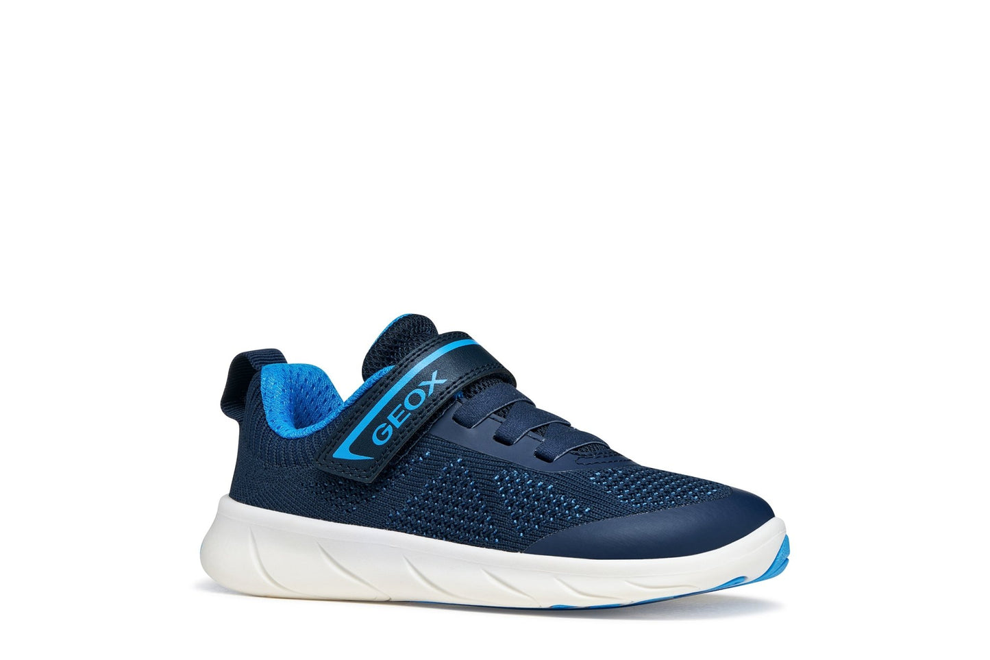 Navy Geox Foot‑Run boys’ barefoot sneakers with wide toe box, knitted upper, and light‑blue details.