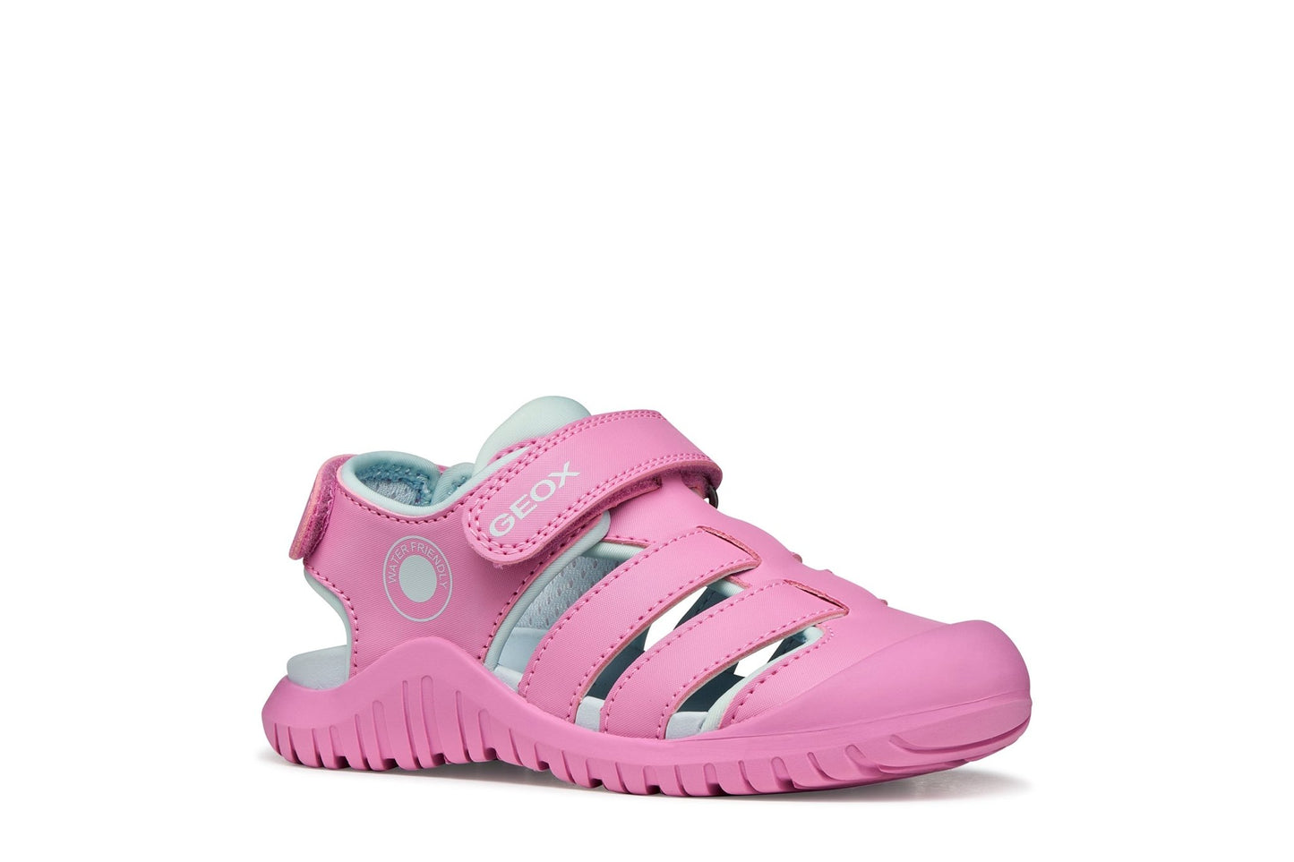 Geox Fusbetto Pro junior closed-toe sandal in dark pink and aqua, embossed leather and Lycra, water‑resistant, quick‑drying, available at Little Bigheads – official Geox stockist.