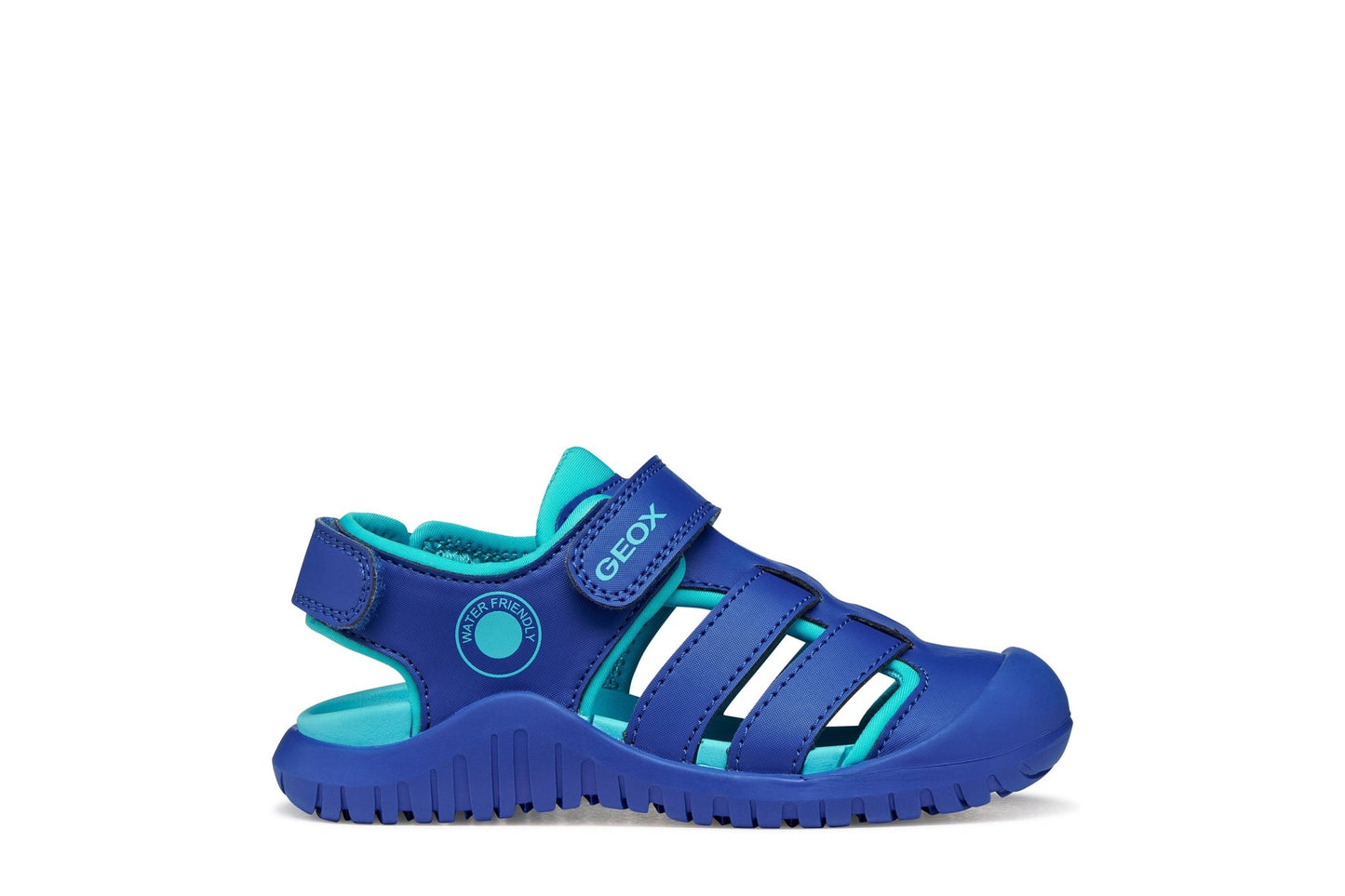 Geox Fusbetto Pro junior sandal in royal and light blue with protective toe cap and adjustable straps.