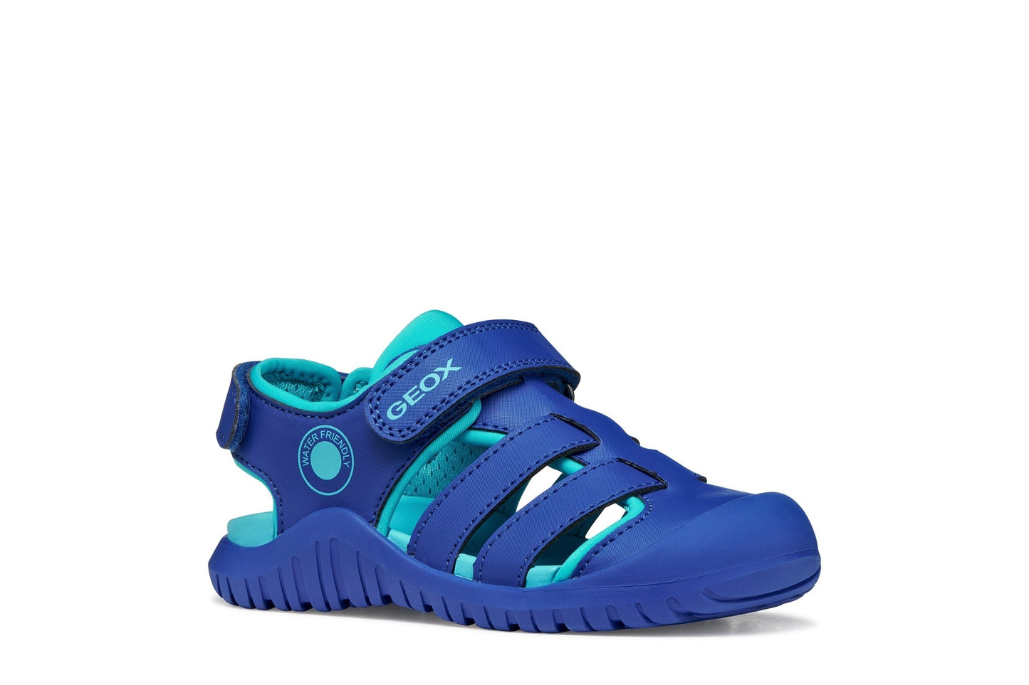 Geox Fusbetto Pro junior sandal in royal and light blue with protective toe cap and adjustable straps.
