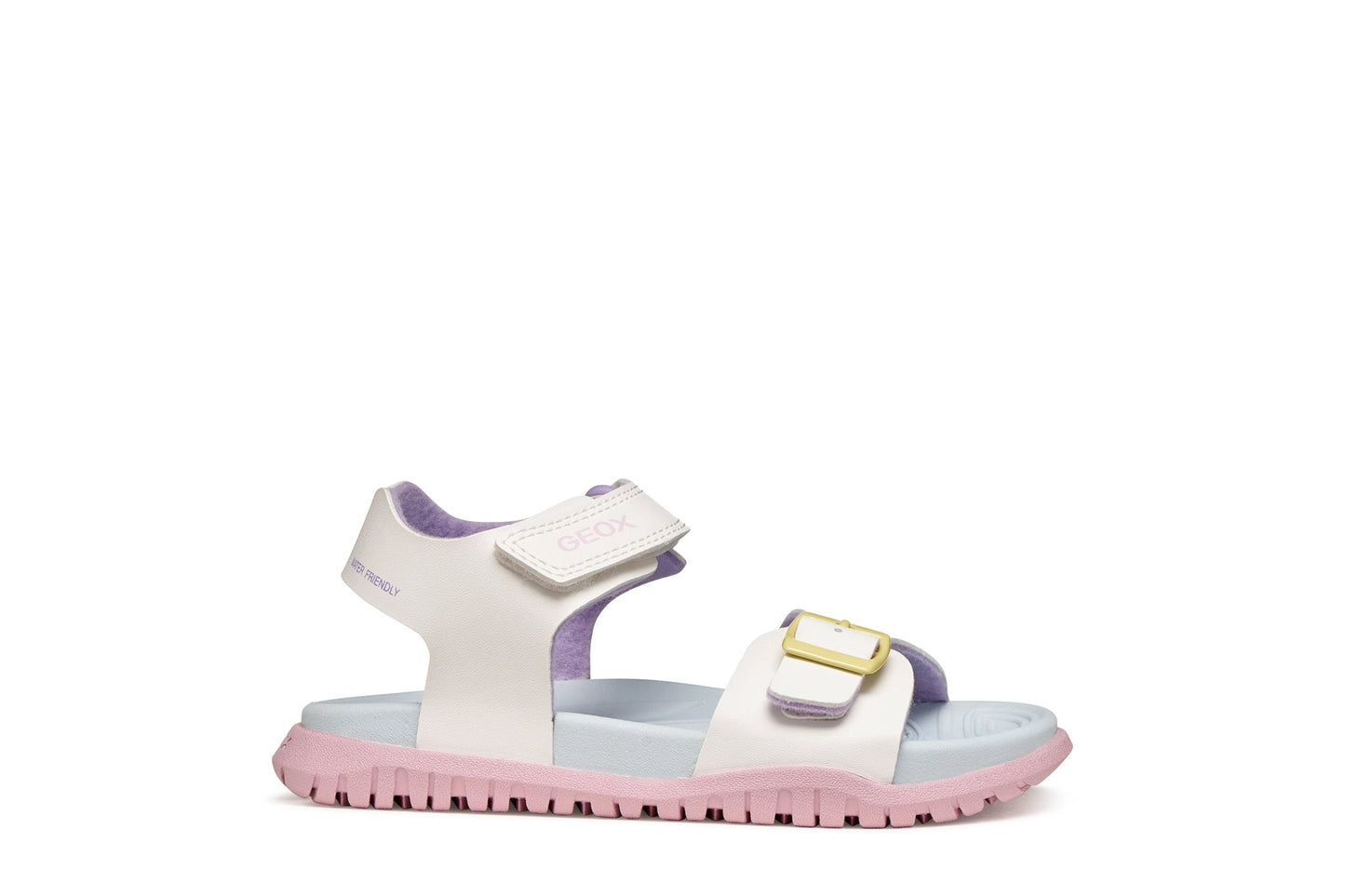 White Geox Fusbetto junior sandals with multicoloured details, water‑resistant quick‑dry upper, flexible lightweight feel, and durable grippy outsole for outdoor adventures.