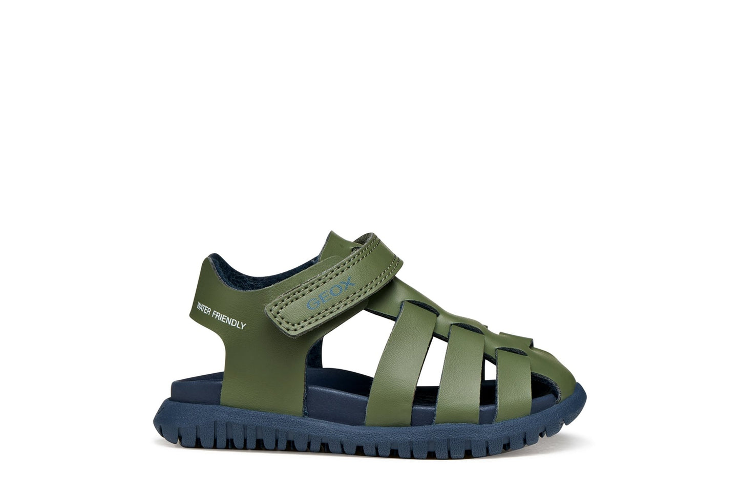 Sage green and navy Geox Fusbetto baby sandals with water‑resistant quick‑dry design, protective closed shape, and easy strap fastening.