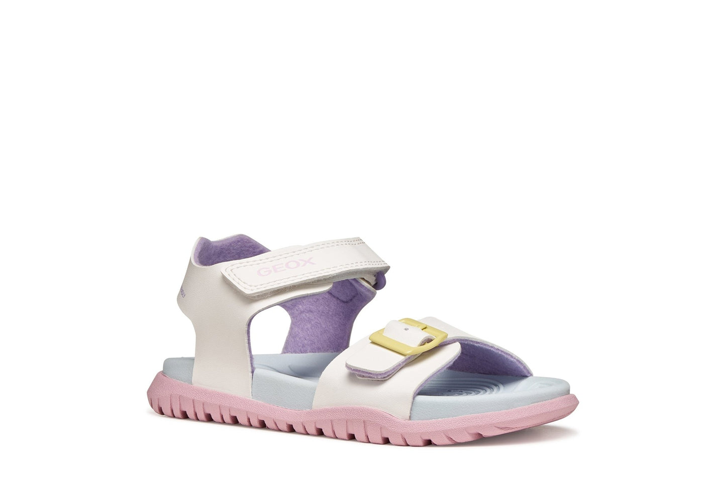 White Geox Fusbetto junior sandals with multicoloured details, water‑resistant quick‑dry upper, flexible lightweight feel, and durable grippy outsole for outdoor adventures.