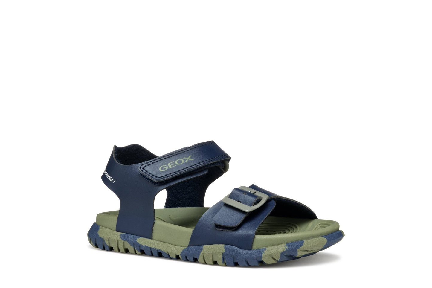 Navy and army‑green Geox Fusbetto boys’ open‑toe sandals with water‑resistant leather‑effect upper, flexible design, and adjustable strap for outdoor play.