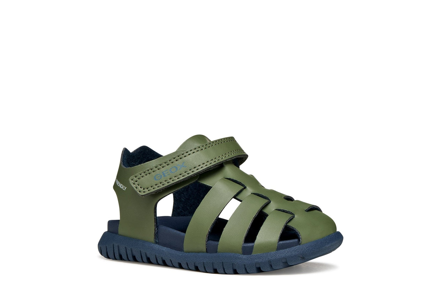 Sage green and navy Geox Fusbetto baby sandals with water‑resistant quick‑dry design, protective closed shape, and easy strap fastening.