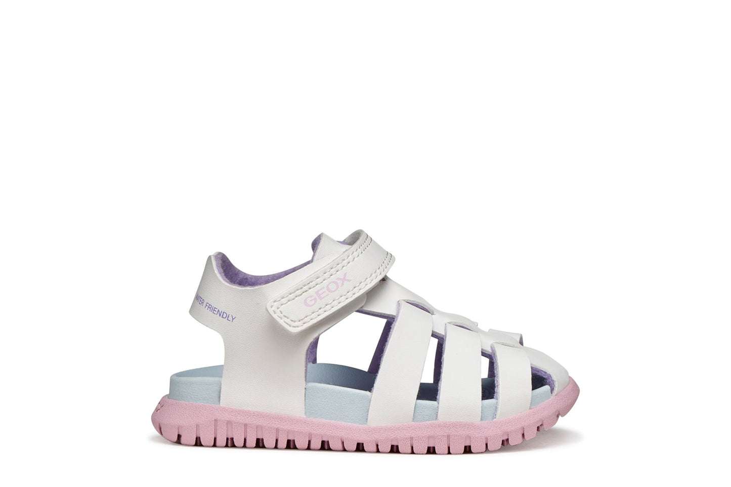 White and pink Geox Fusbetto baby sandals with water‑resistant leather‑effect upper, quick‑dry design, open toe, and adjustable strap for early outdoor play.