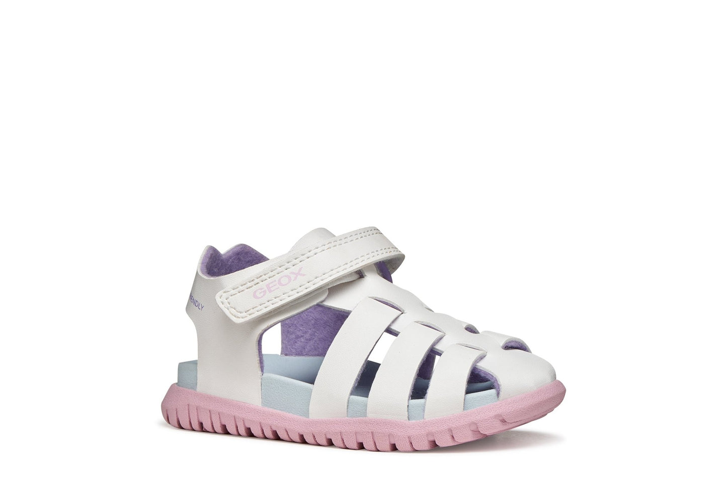 White and pink Geox Fusbetto baby sandals with water‑resistant leather‑effect upper, quick‑dry design, open toe, and adjustable strap for early outdoor play.