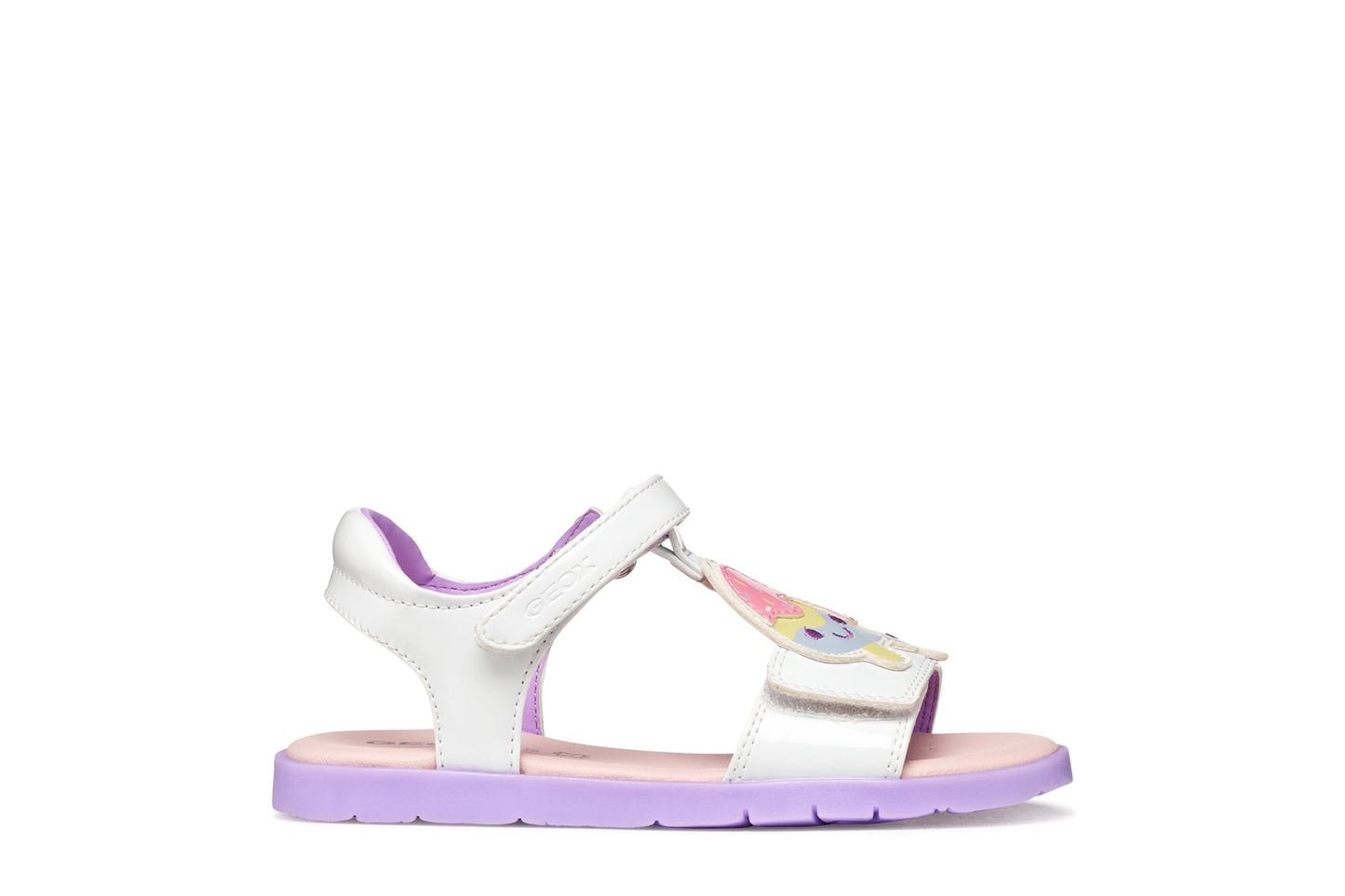 Geox Joyfoot girls’ sandal in white and lilac featuring playful ice‑lolly details and adjustable straps