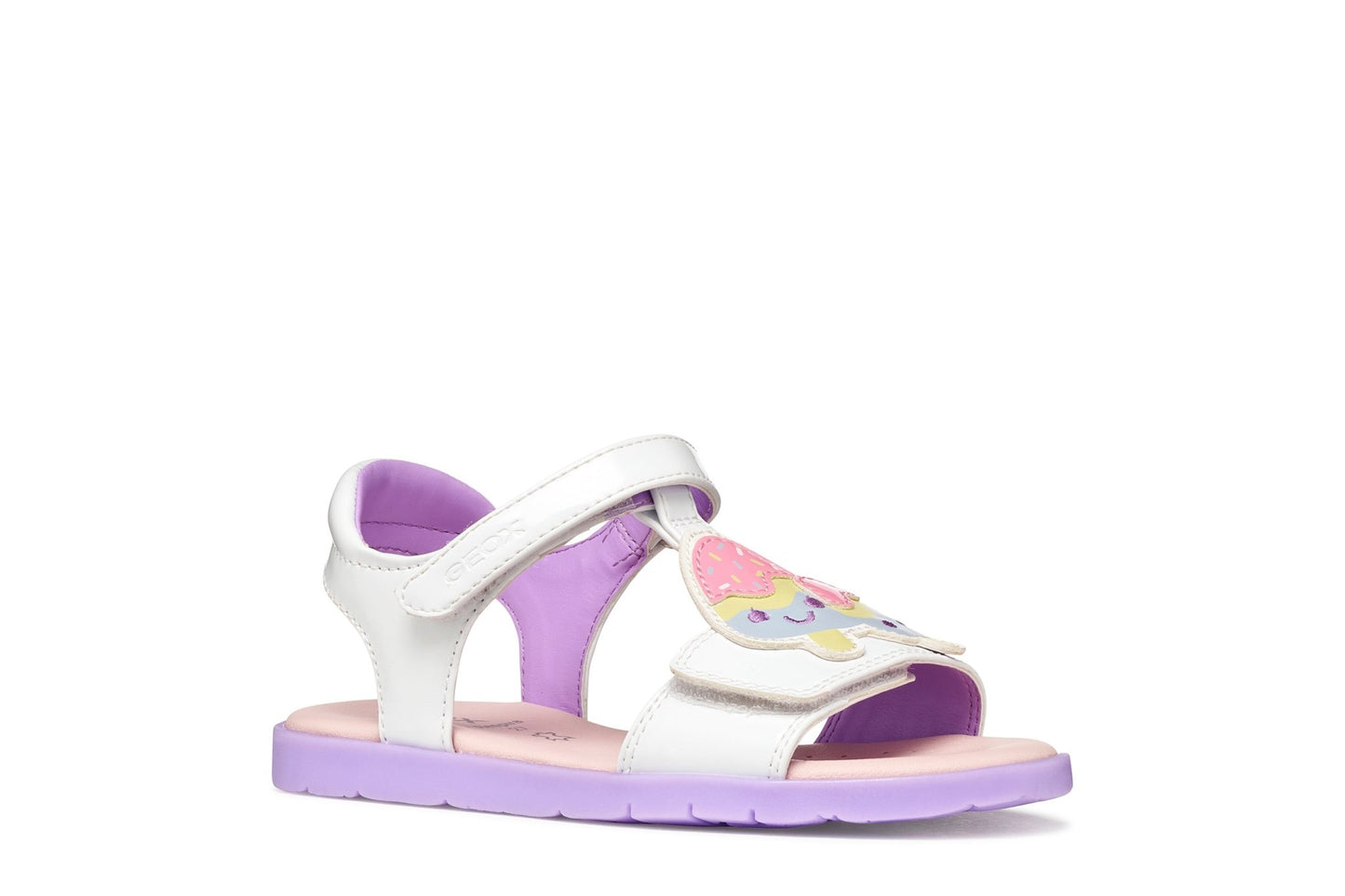 Geox Joyfoot girls’ sandal in white and lilac featuring playful ice‑lolly details and adjustable straps