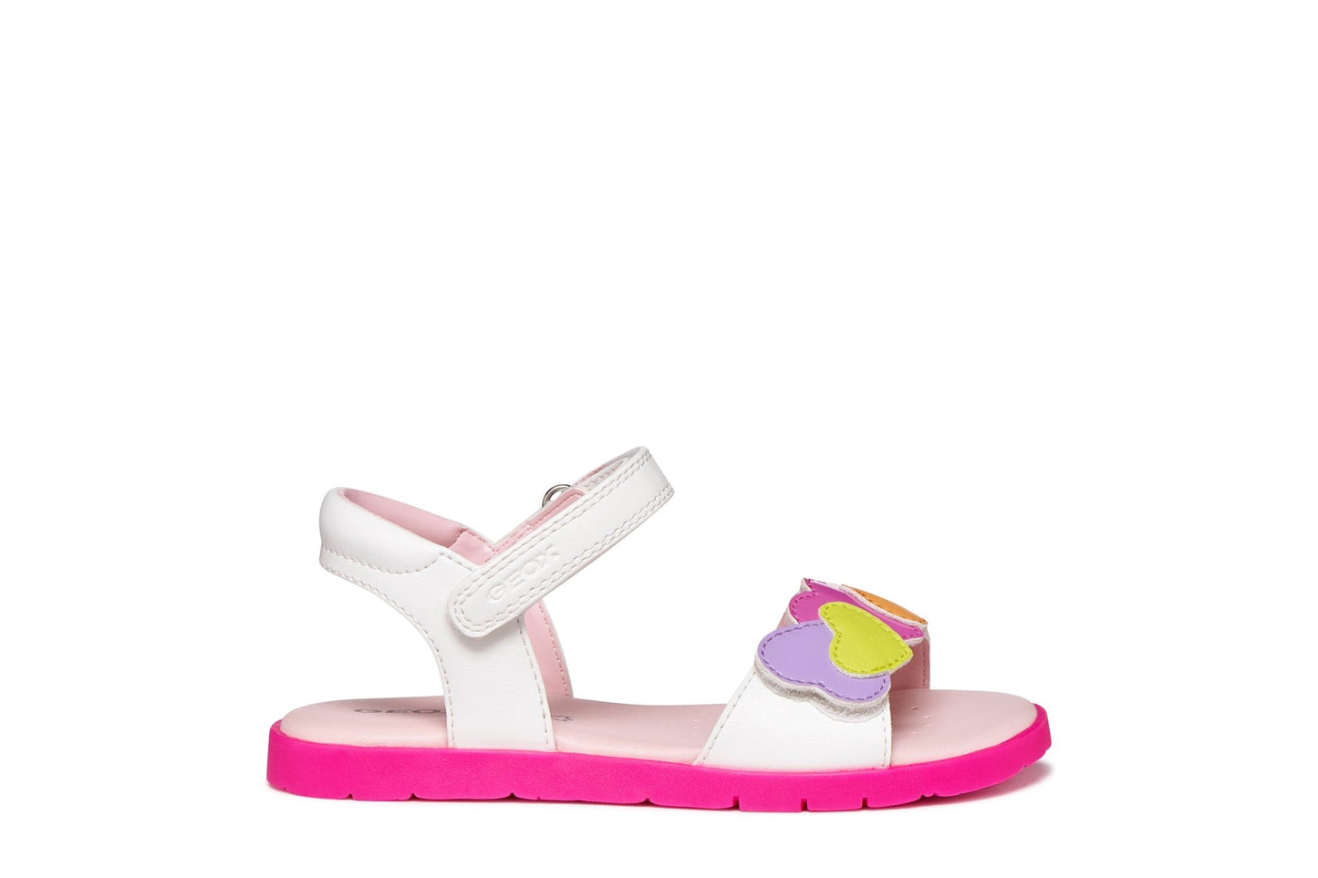 Geox Joyfoot girls’ sandal in white and multicolour with patent‑effect finish and heart patches, breathable and adjustable, available at Little Bigheads – official Geox stockist.