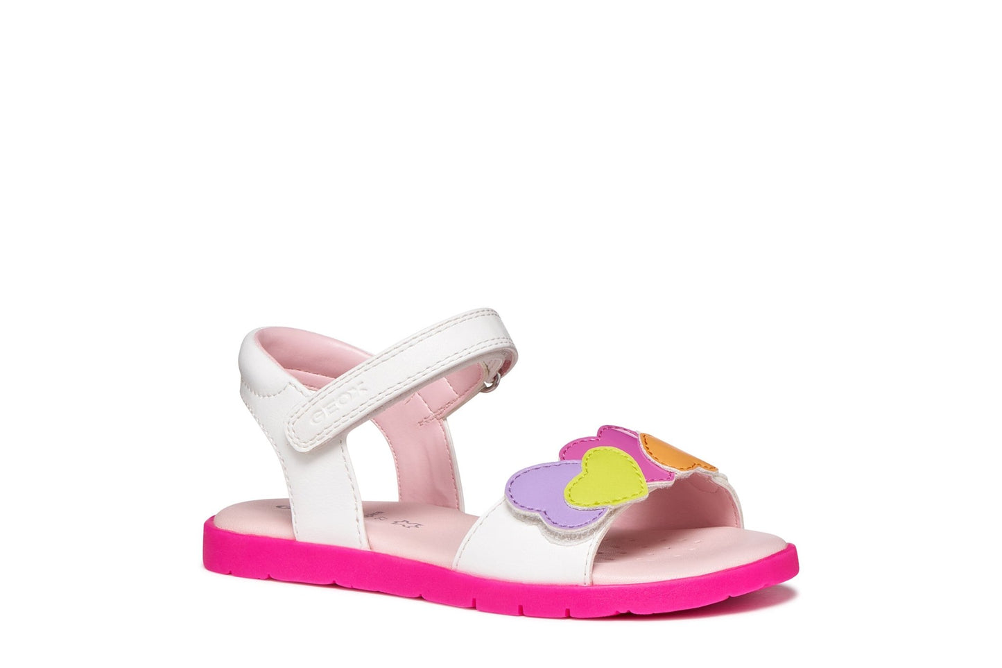 Geox Joyfoot girls’ sandal in white and multicolour with patent‑effect finish and heart patches, breathable and adjustable, available at Little Bigheads – official Geox stockist.