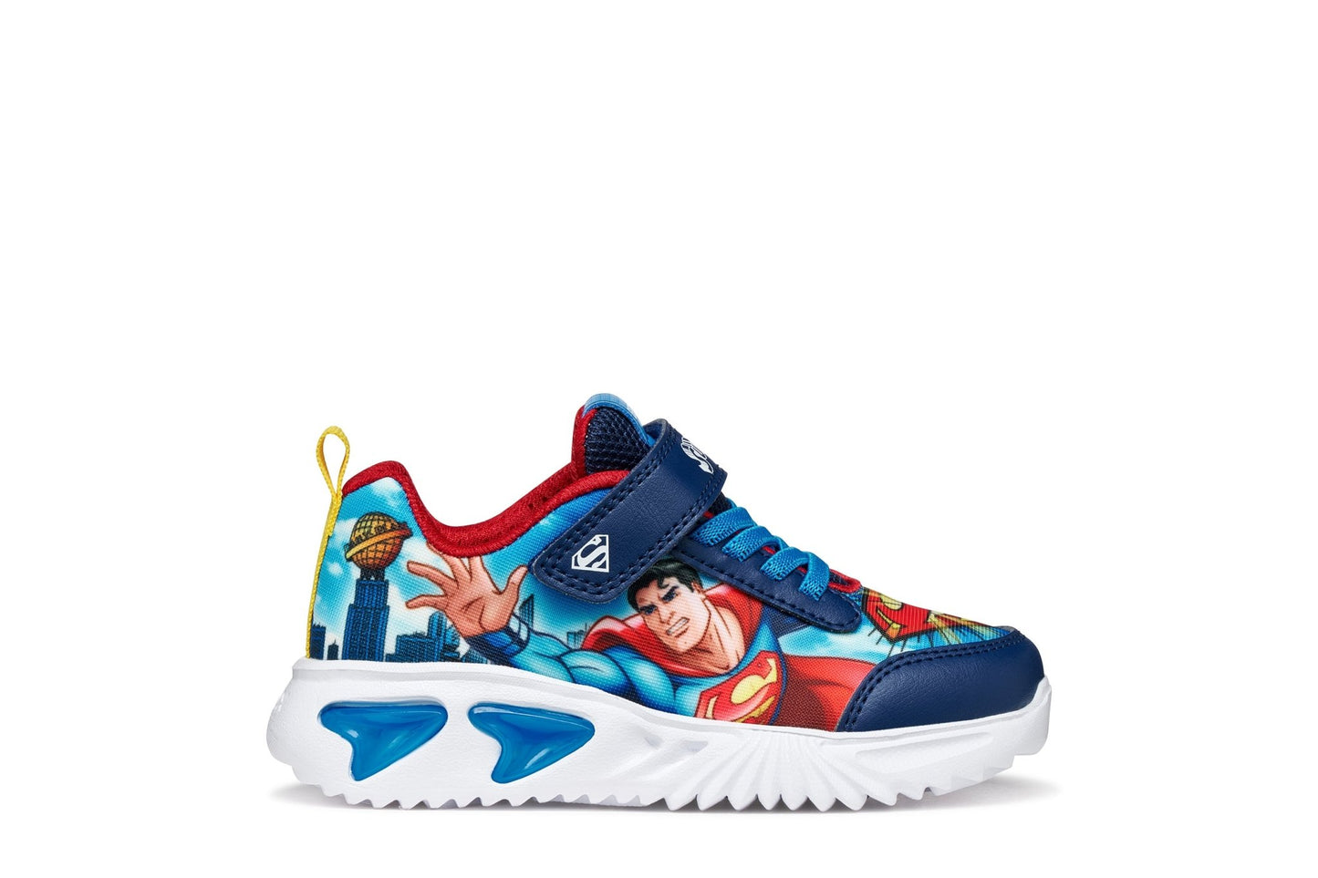 Navy and light blue Geox Assister boys’ sneakers with Superman graphics, printed mesh and leather‑effect upper, and a fun light‑up outsole.