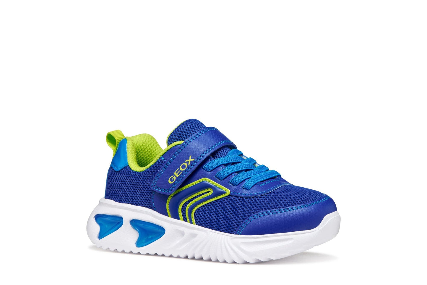 Royal blue and lime Geox Assister boys’ sneakers with mesh and embossed‑leather upper and light‑up outsole.