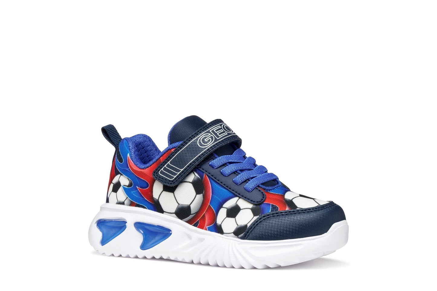 Navy and royal blue Geox Assister boys’ sneakers with football‑inspired design, printed mesh upper, embossed leather details, and light‑up outsole.