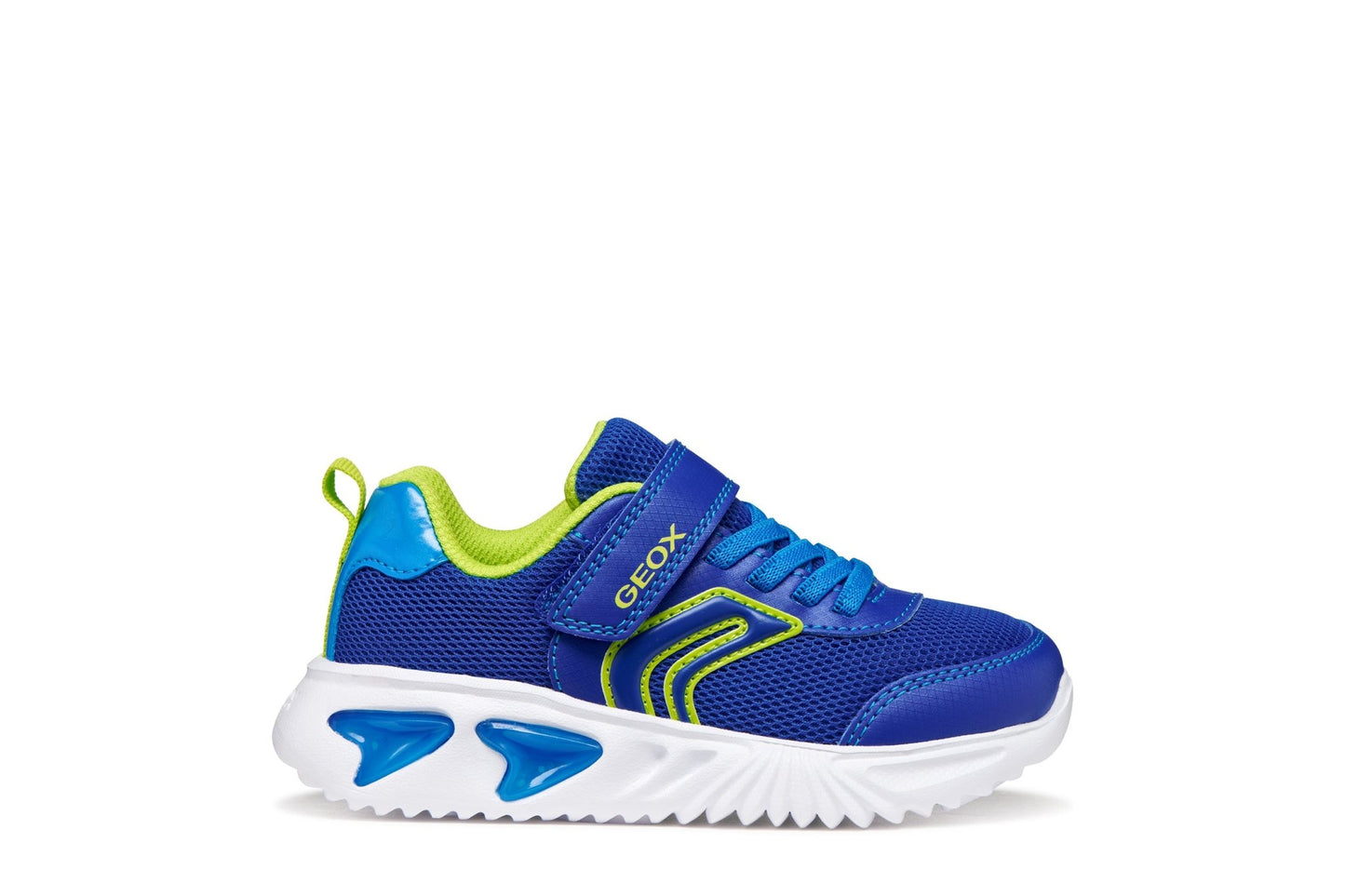Royal blue and lime Geox Assister boys’ sneakers with mesh and embossed‑leather upper and light‑up outsole.