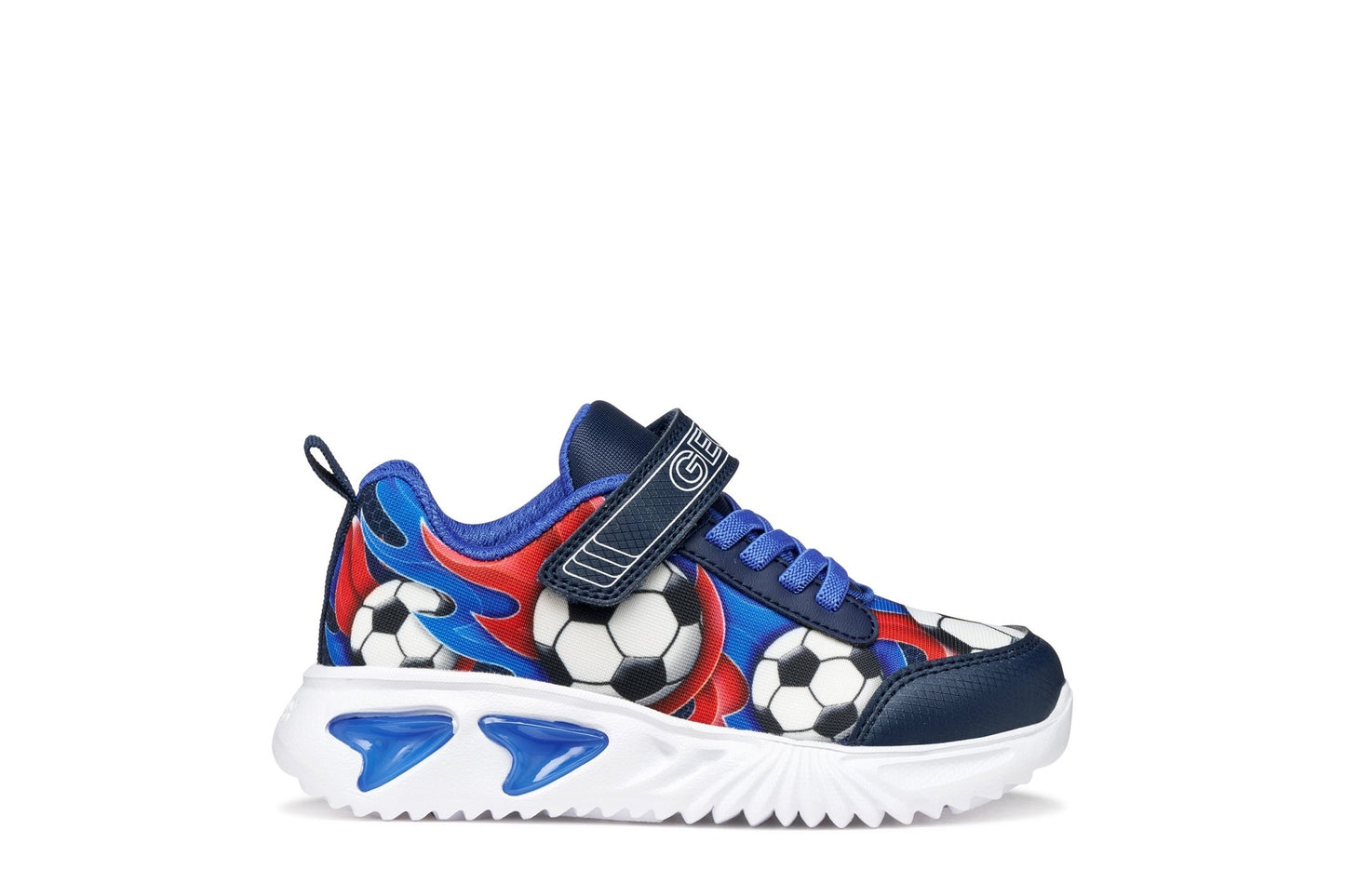 Navy and royal blue Geox Assister boys’ sneakers with football‑inspired design, printed mesh upper, embossed leather details, and light‑up outsole.