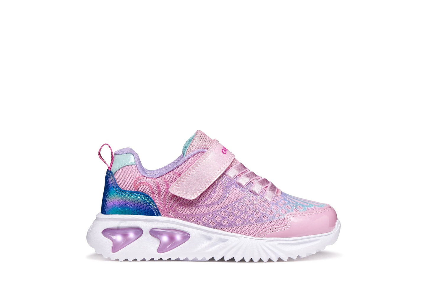 Pink and lilac Geox Assister girls’ sneakers with shiny luminous upper, pearlescent printed details, cushioned running‑style comfort, and light‑up outsole — available at Geox stockist Little BigHeads.