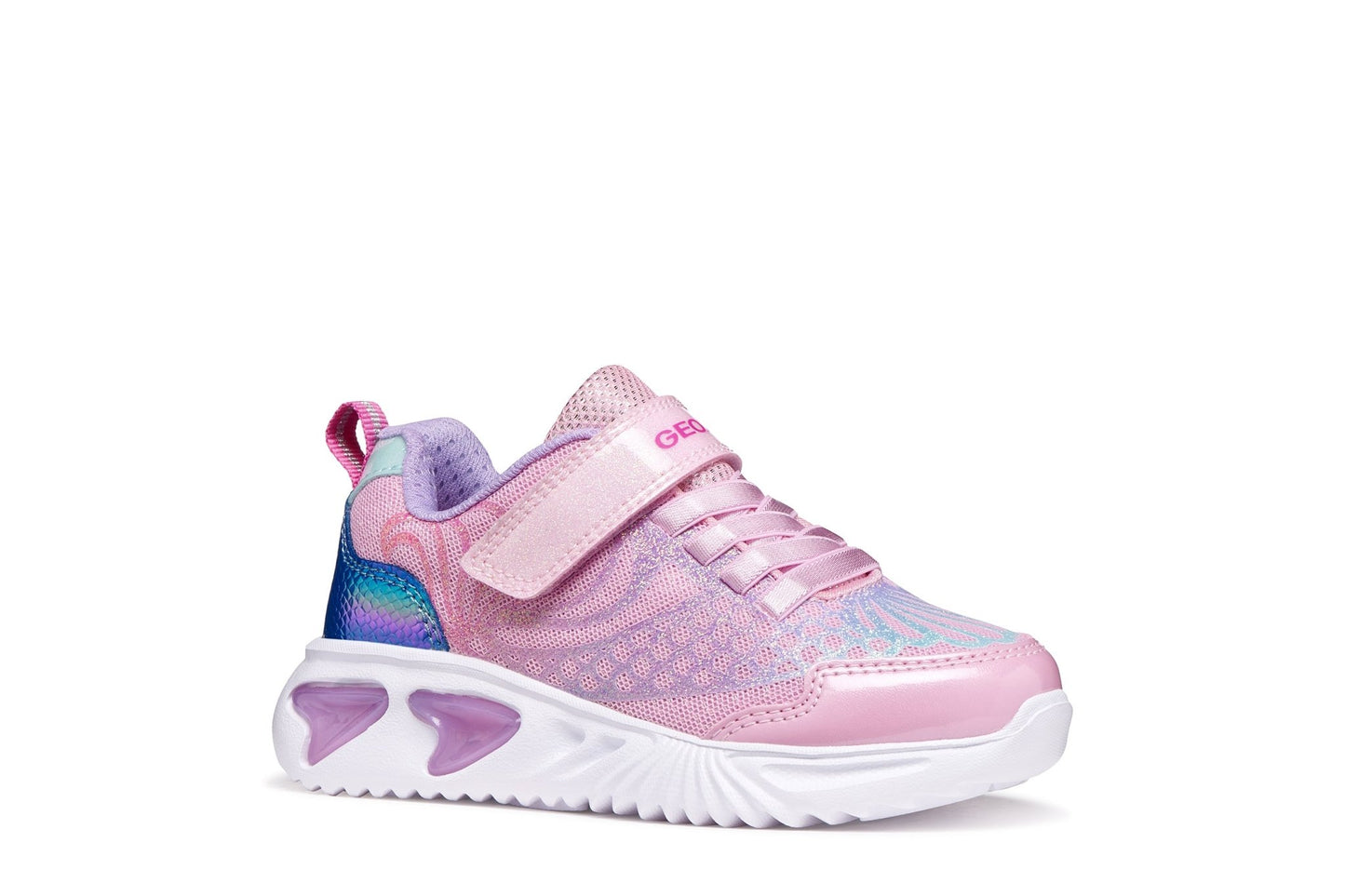Pink and lilac Geox Assister girls’ sneakers with shiny luminous upper, pearlescent printed details, cushioned running‑style comfort, and light‑up outsole — available at Geox stockist Little BigHeads.