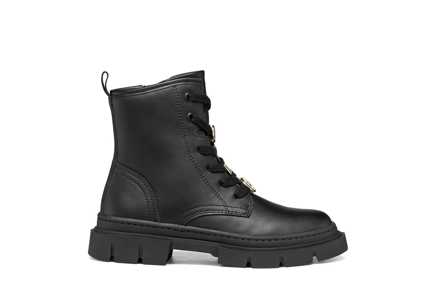 Black leather Geox Karsyn girl boot with chunky sole, lace‑up front, side zip and smiley/happy decorative charms.