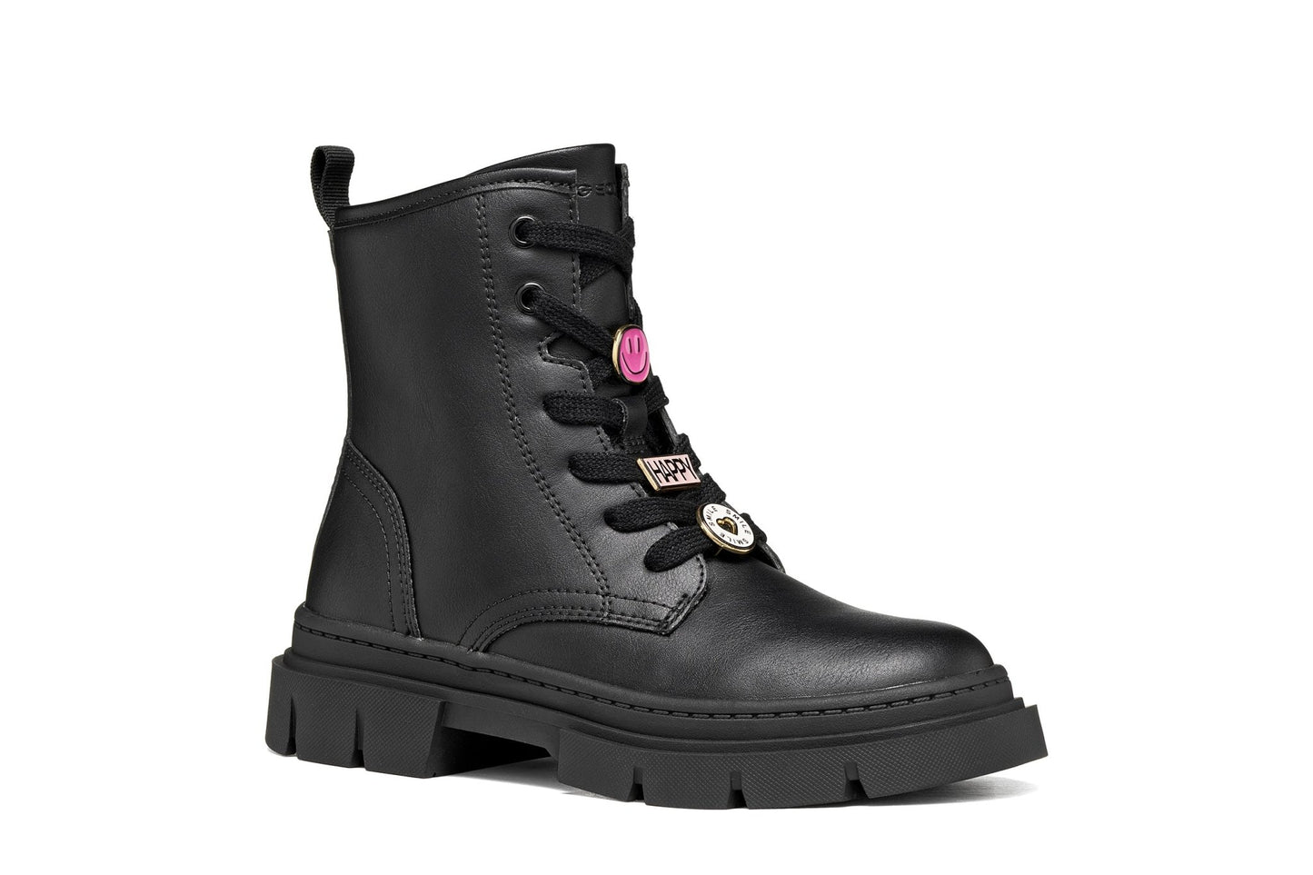 Black leather Geox Karsyn girl boot with chunky sole, lace‑up front, side zip and smiley/happy decorative charms.