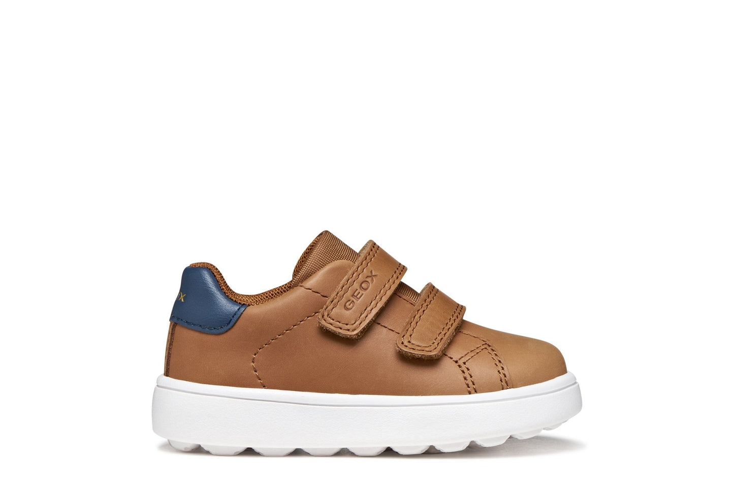 Cognac and navy Minicub baby sneakers made from soft nappa leather with white flexible lightweight sole