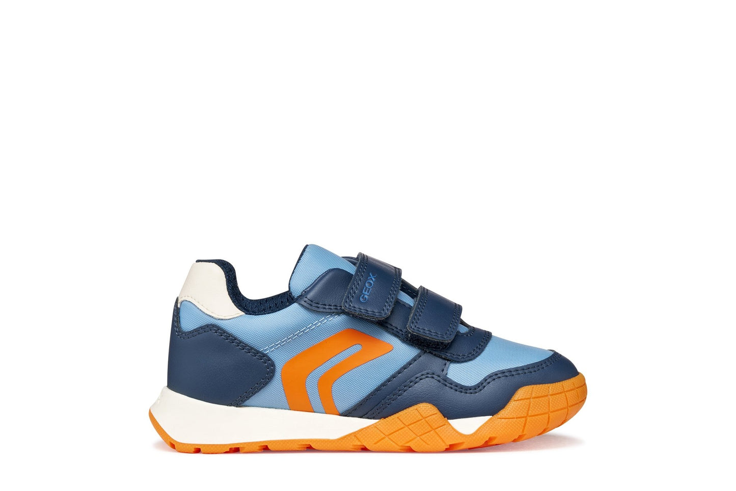 Light air‑force blue and light navy Geox Rann‑E junior sneakers with breathable nylon upper, leather‑effect details, cushioned sporty design - available at Geox stockist Little BigHeads.