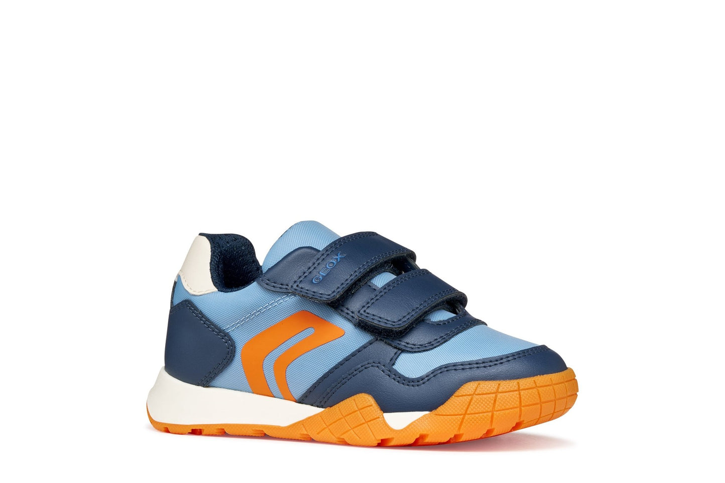 Light air‑force blue and light navy Geox Rann‑E junior sneakers with breathable nylon upper, leather‑effect details, cushioned sporty design - available at Geox stockist Little BigHeads.